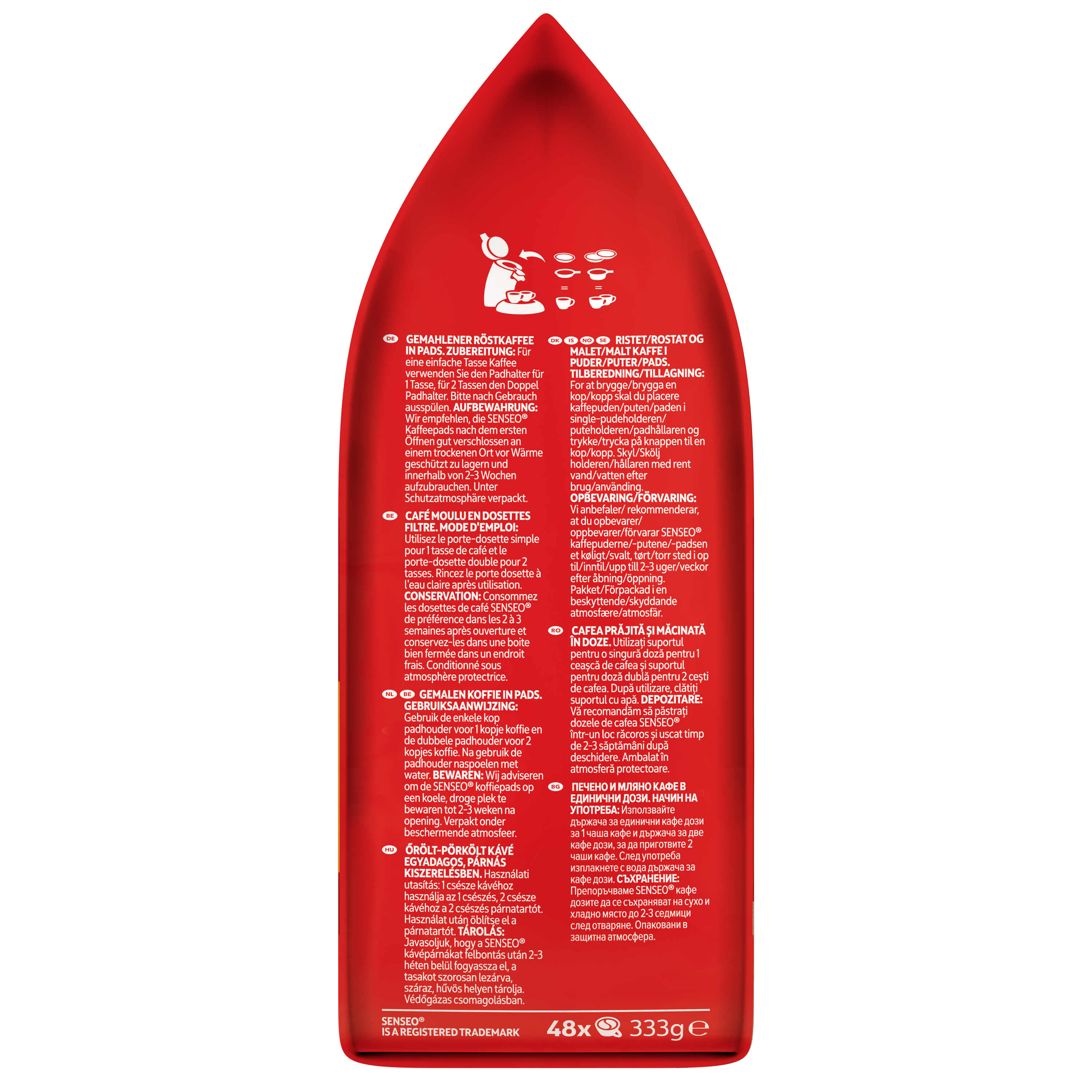 Ein roter Kaffeebeutel mit Text und Abbildungen von Kaffeebohnen und -tassen.