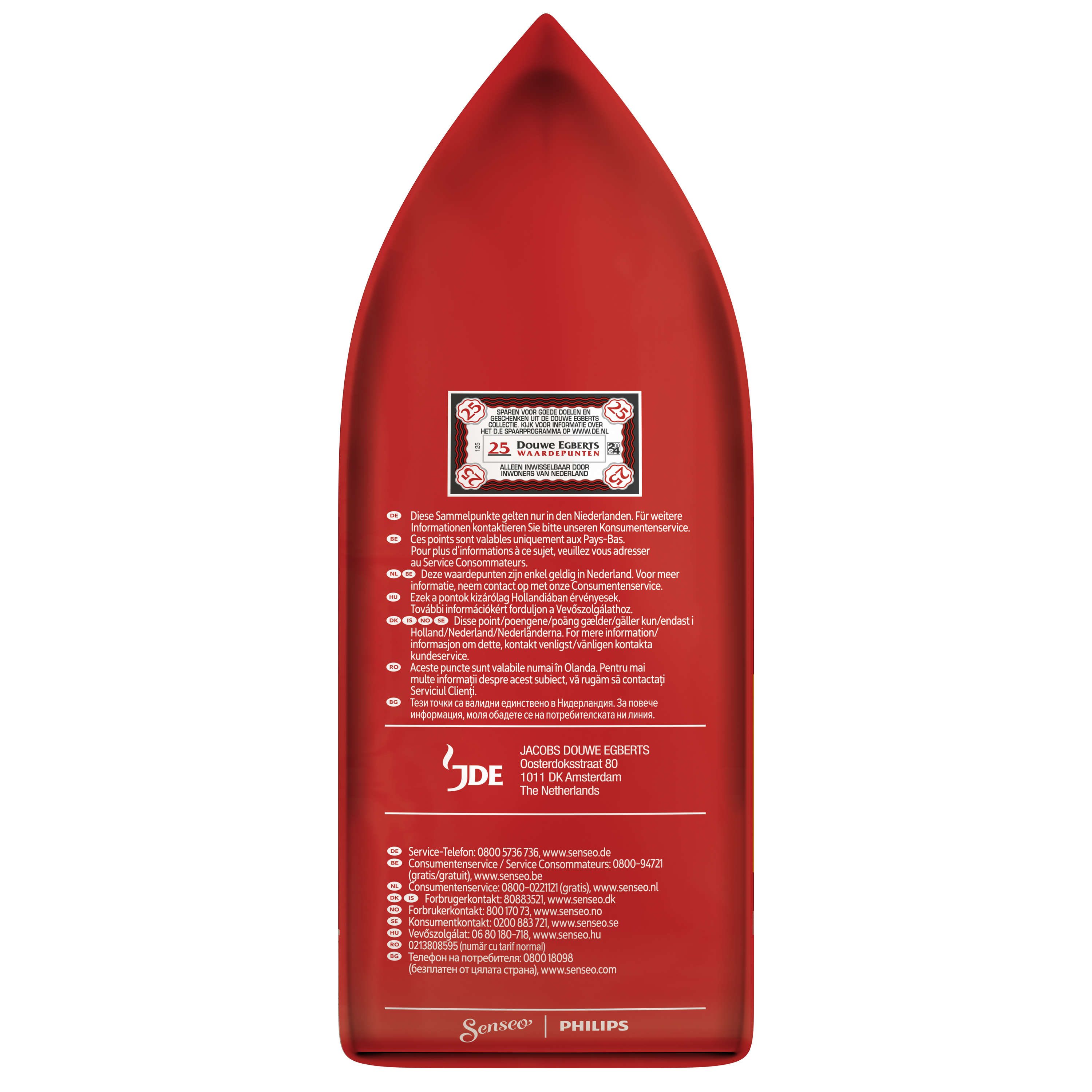 Roter Kaffeebeutel mit Text. Text und Logo sind sichtbar, der Beutel ist versiegelt.