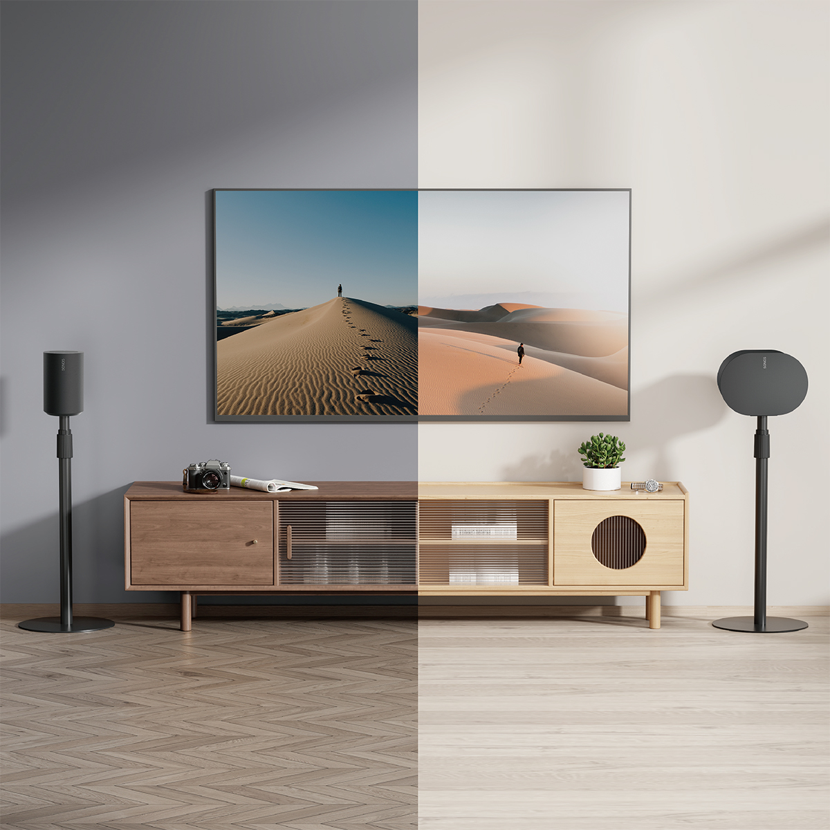 Wohnzimmer-Setup mit einem großen Fernseher. Ein Mann geht auf einer Sanddüne auf dem Fernsehbildschirm.