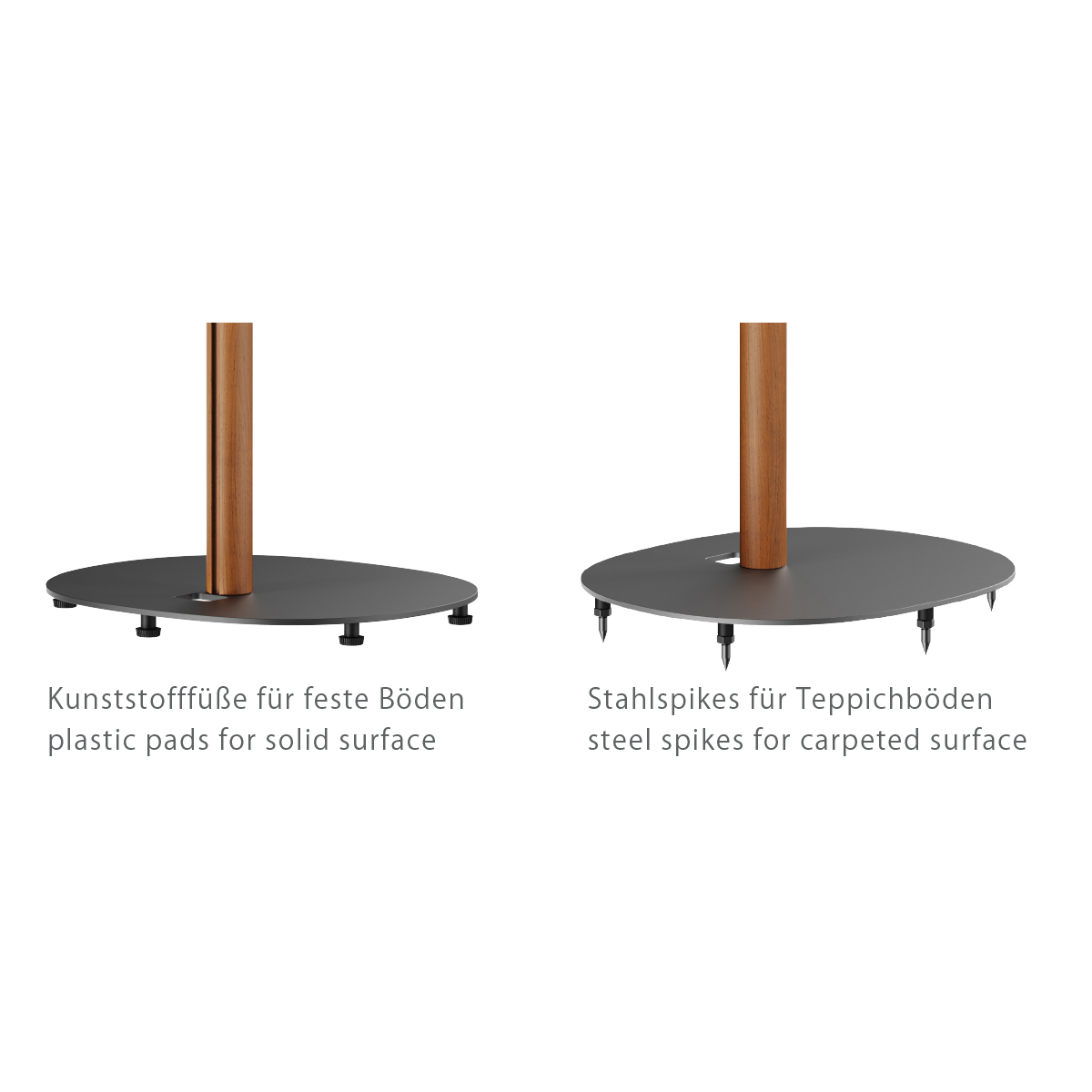 Zwei Metallsockel für einen Ständer, einer mit Kunststoffpads, einer mit Spikes. Weißer Hintergrund.