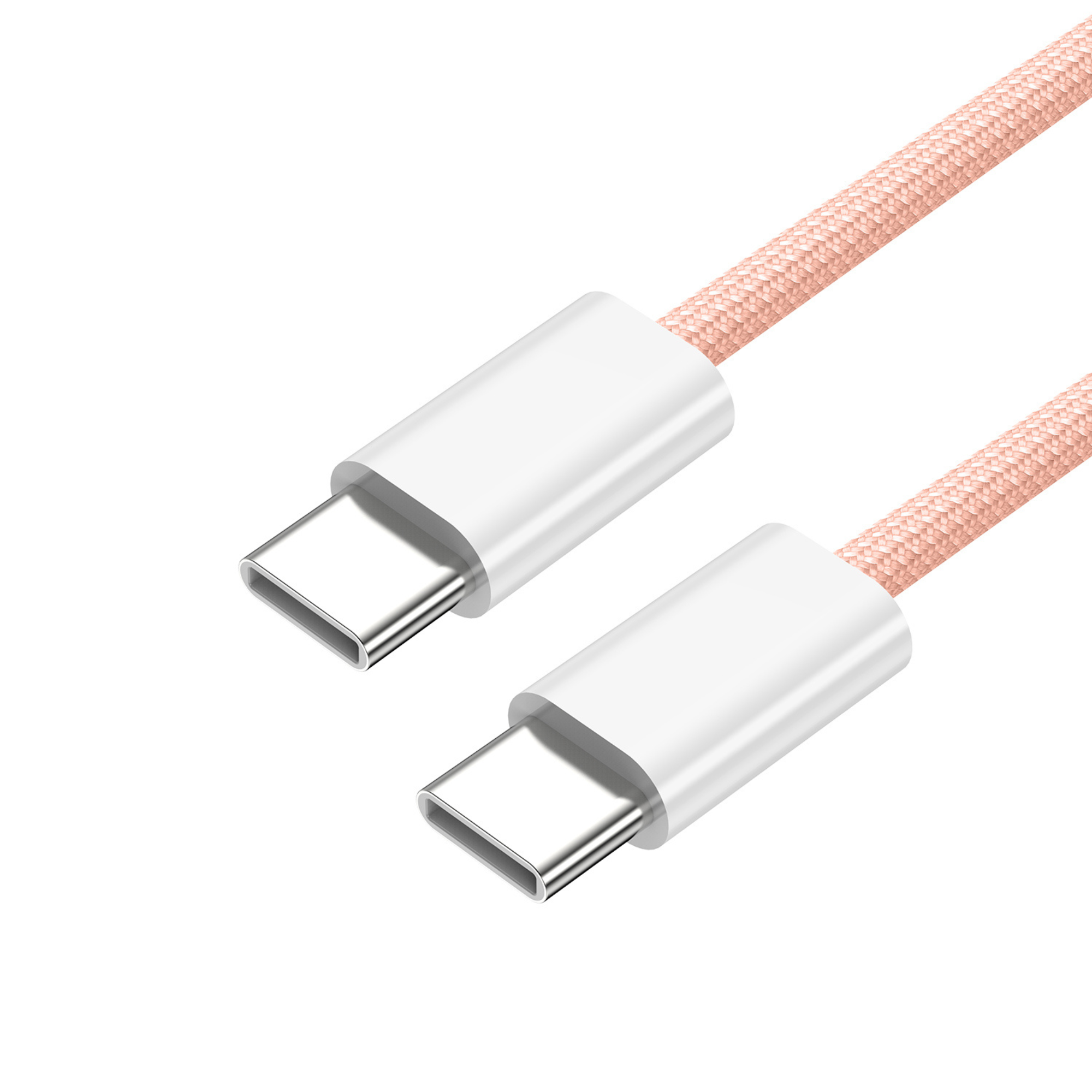 Due cavi di ricarica USB-C, connettori bianchi e cavi intrecciati rosa, su una superficie bianca.