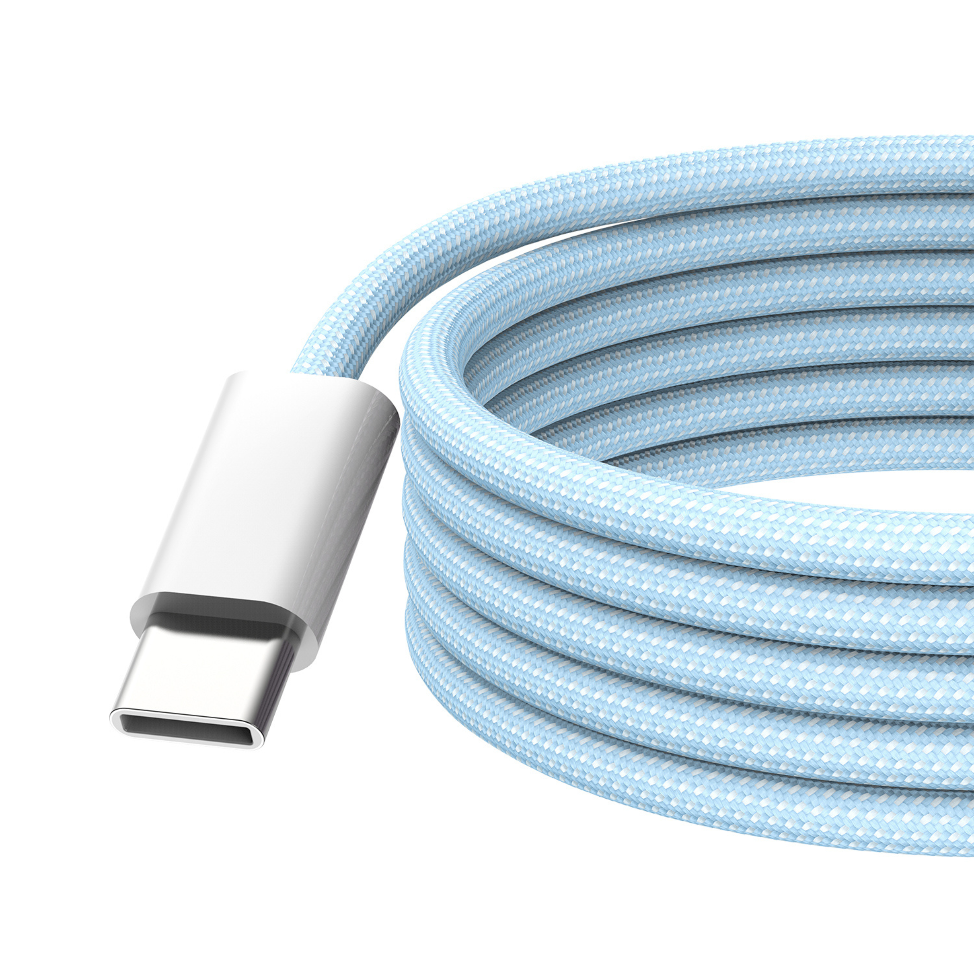 Cavo USB-C arrotolato, azzurro e bianco. Spina bianca e sfondo bianco. Primo piano.