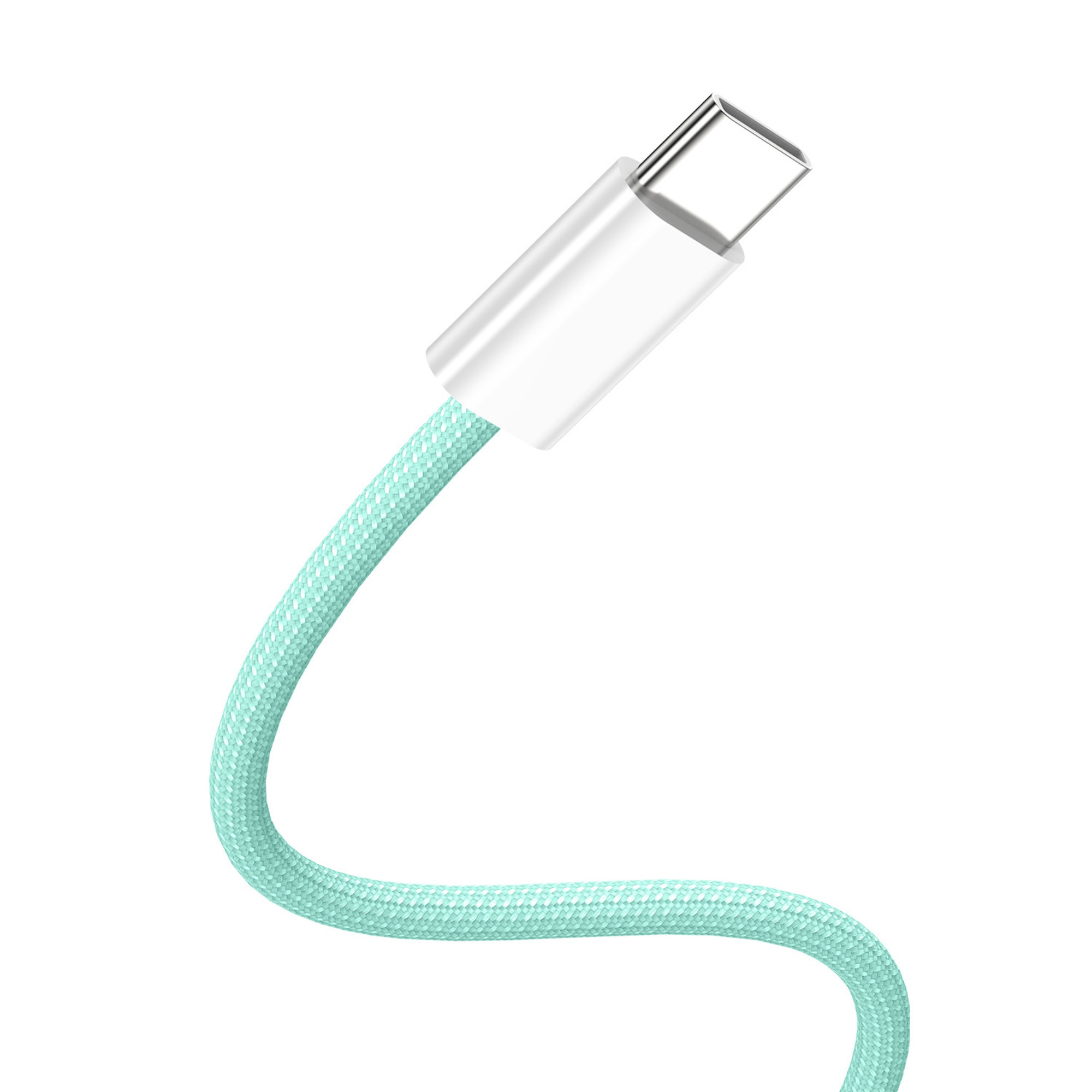 Un cavo USB-C bianco con una copertura in tessuto color verde acqua. È su sfondo bianco.