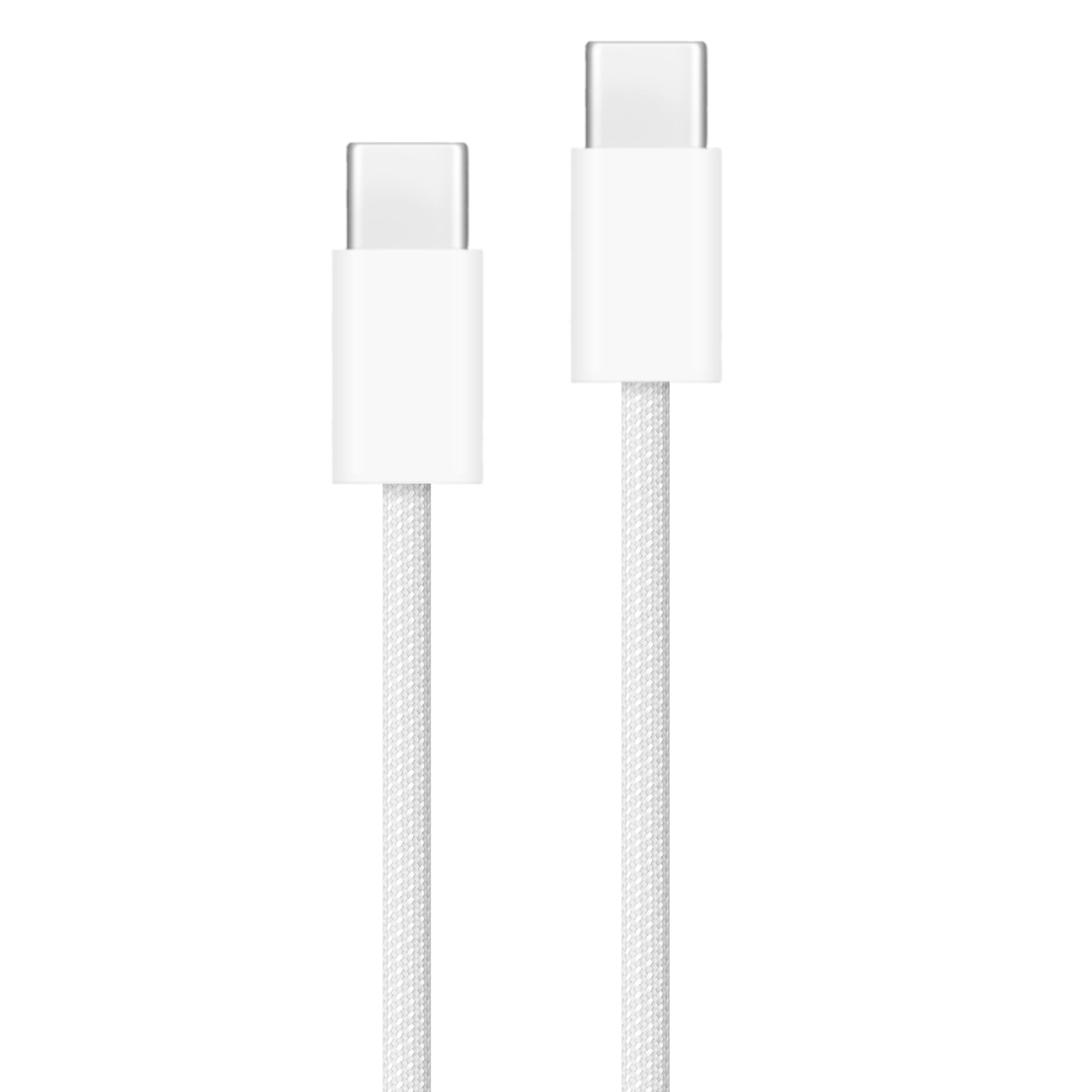 Due cavi USB-C bianchi su sfondo bianco. I cavi sono dritti e hanno connettori abbinati.