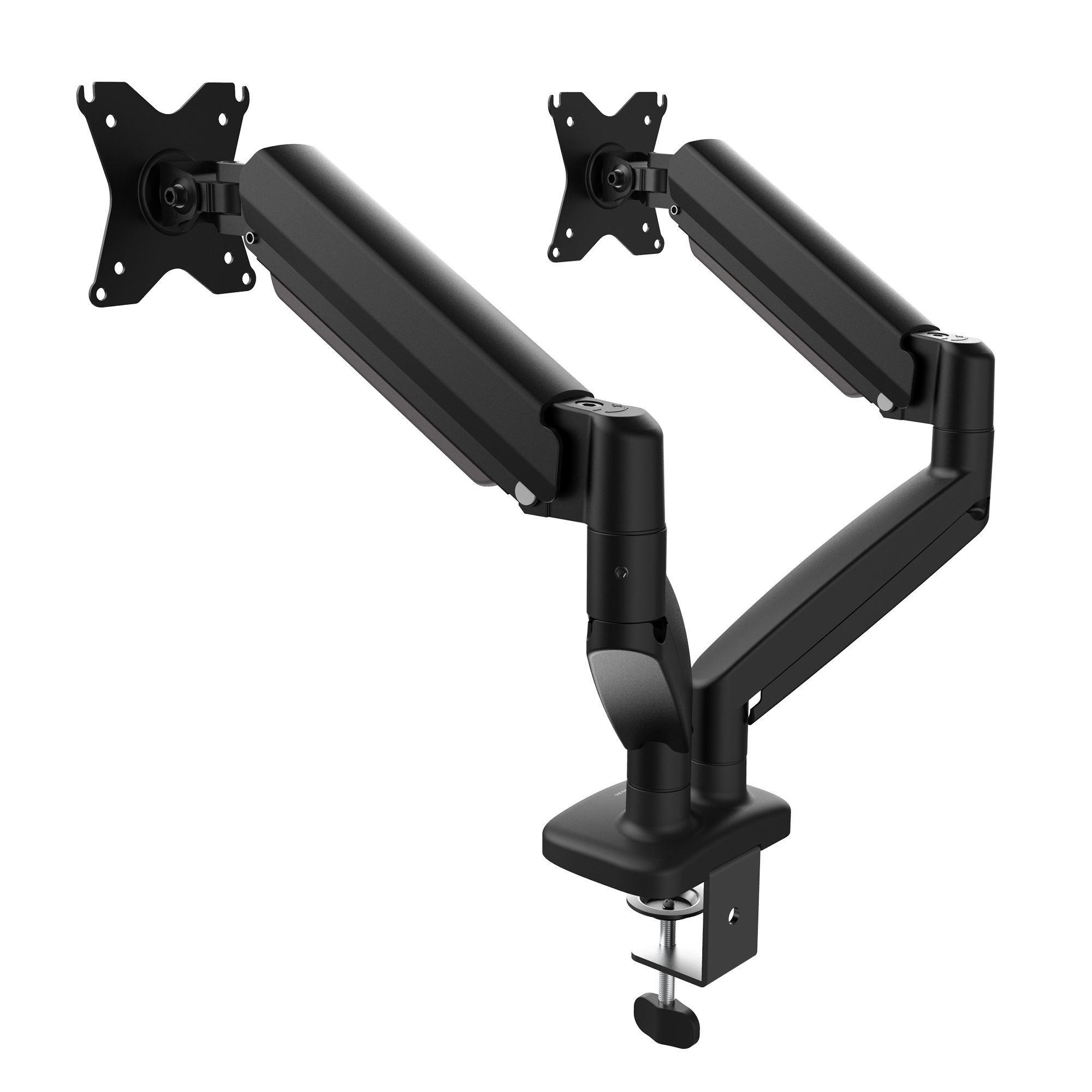 Un bras de moniteur double noir, avec deux supports de moniteur et une pince pour se fixer à un bureau.