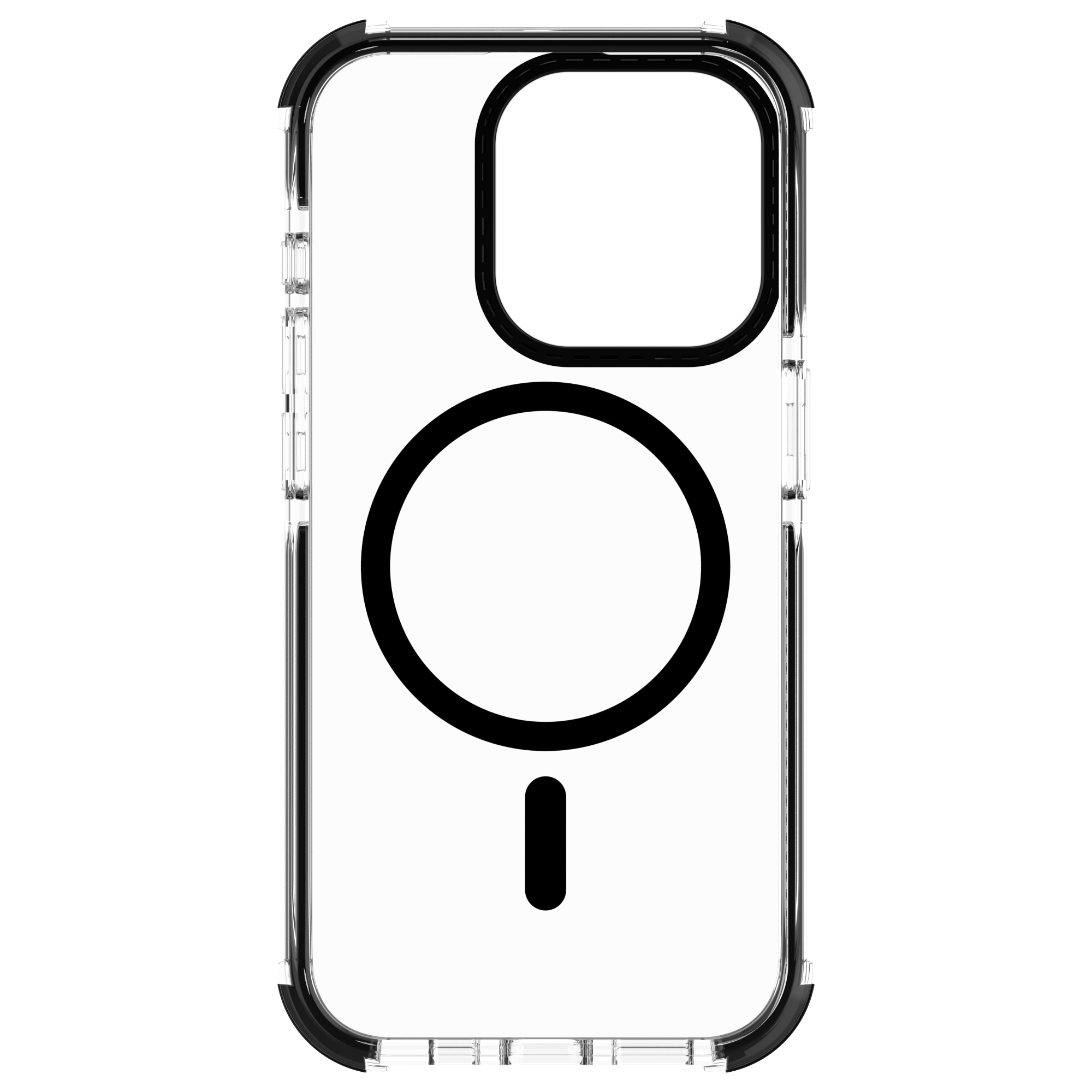 Eine transparente Handyhülle mit schwarzen Akzenten, MagSafe-Ring und Kamera-Aussparung.