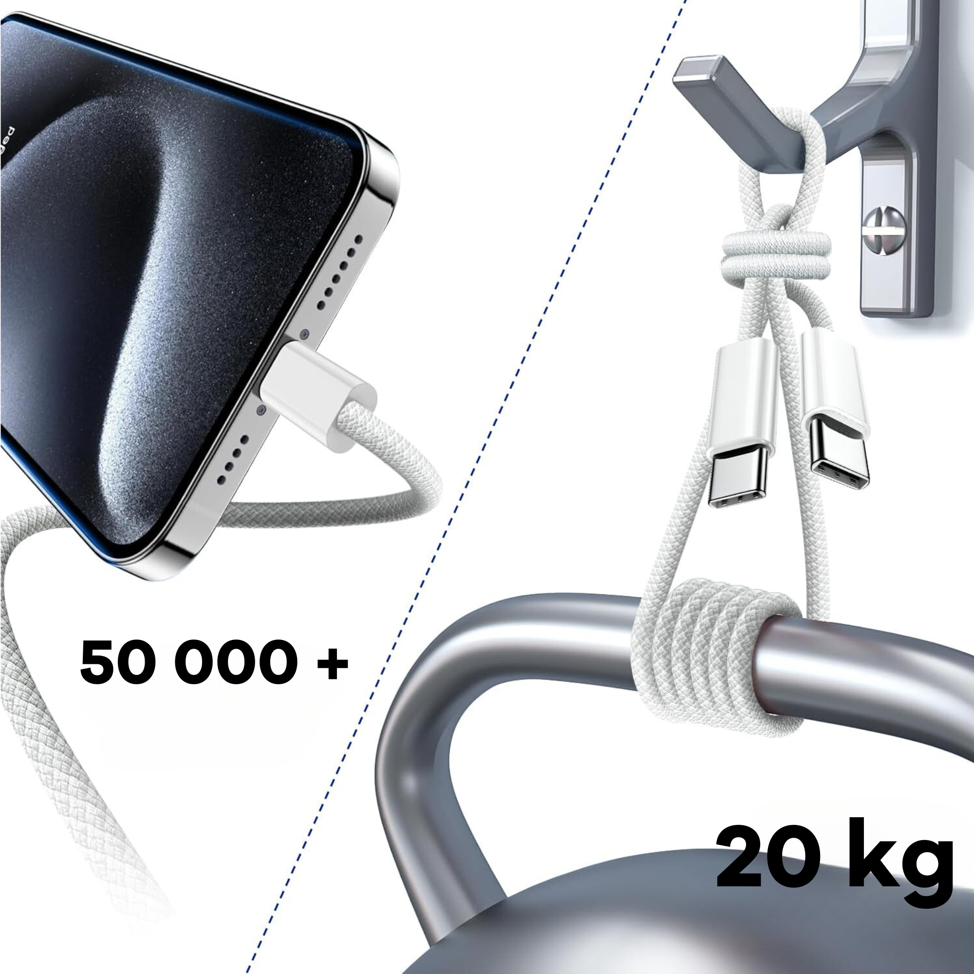 Cavi di ricarica bianchi collegati a un telefono e a un gancio. Testo: 50 000+ e 20 kg.
