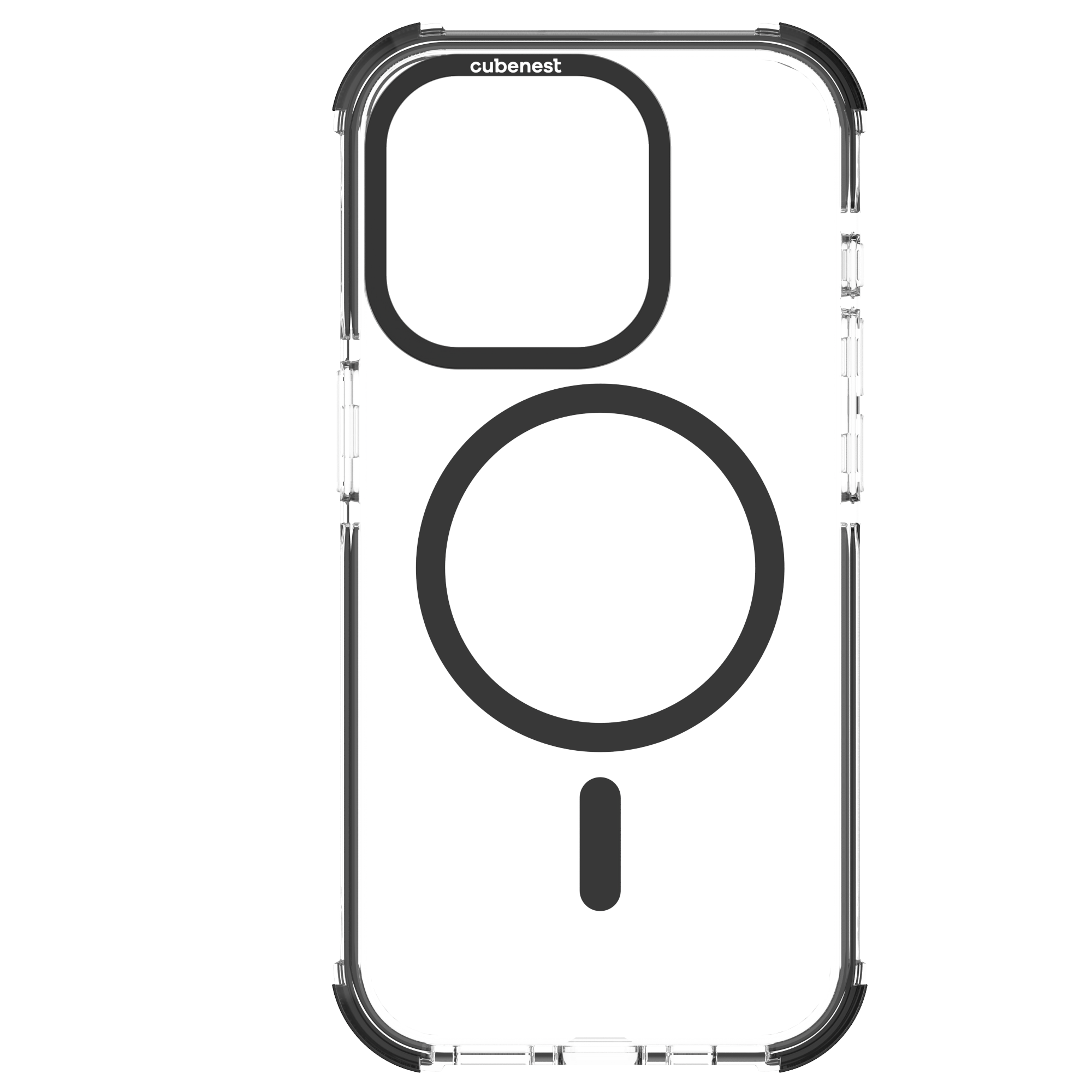 Transparente Handyhülle mit MagSafe-Ring, Kameraaussparung und schwarzen Ecken auf weißem Hintergrund.