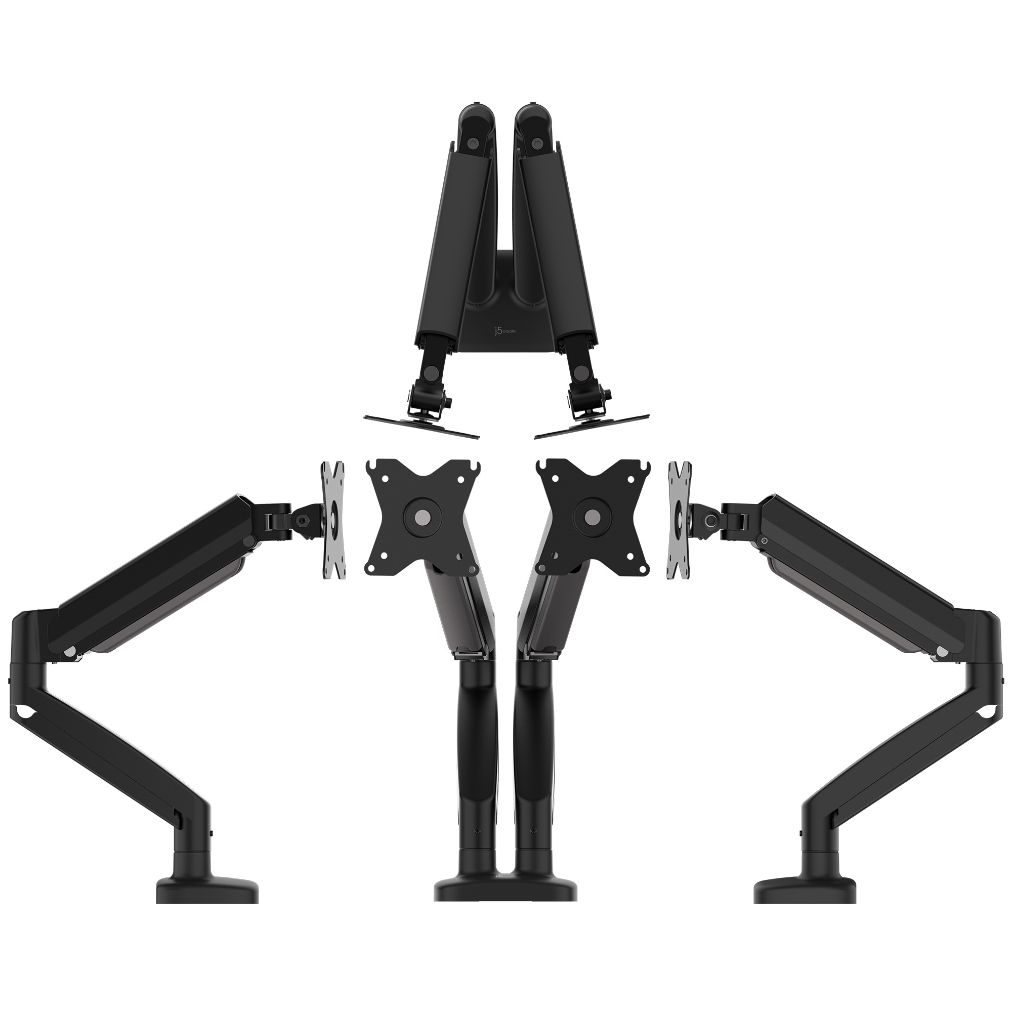 Bras de moniteur noirs et articulés. Parties séparées sur fond blanc.