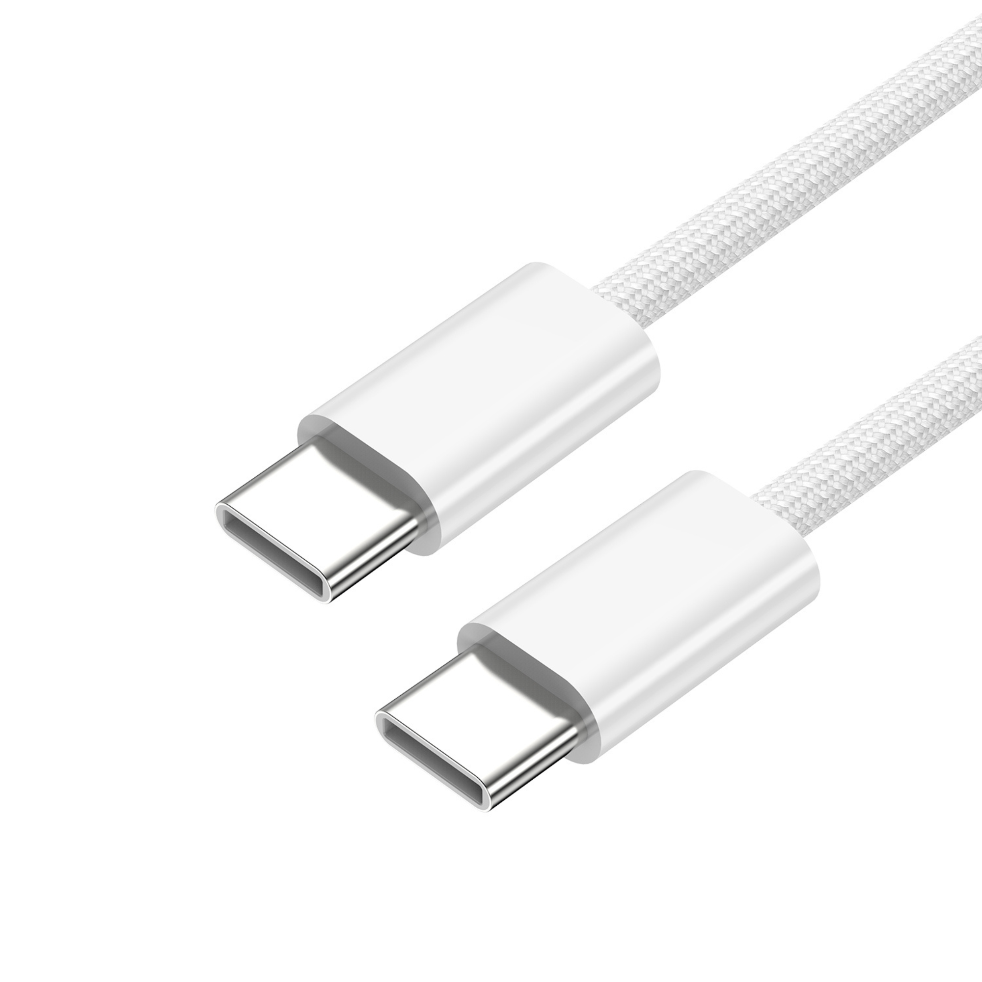 Cavo di ricarica USB-C bianco con due connettori. Il cavo ha una texture intrecciata.