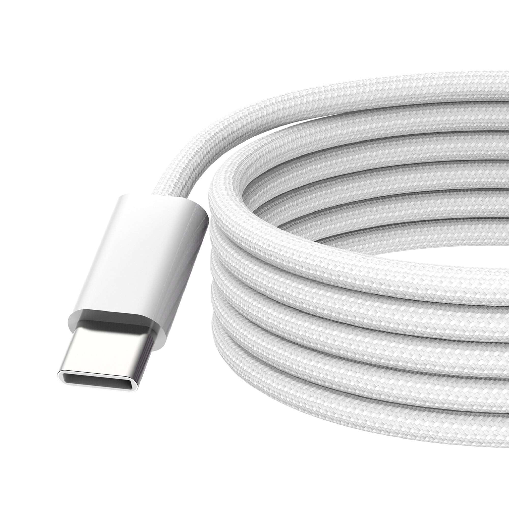 Cavo USB-C bianco. Il cavo è arrotolato e ha un connettore bianco.