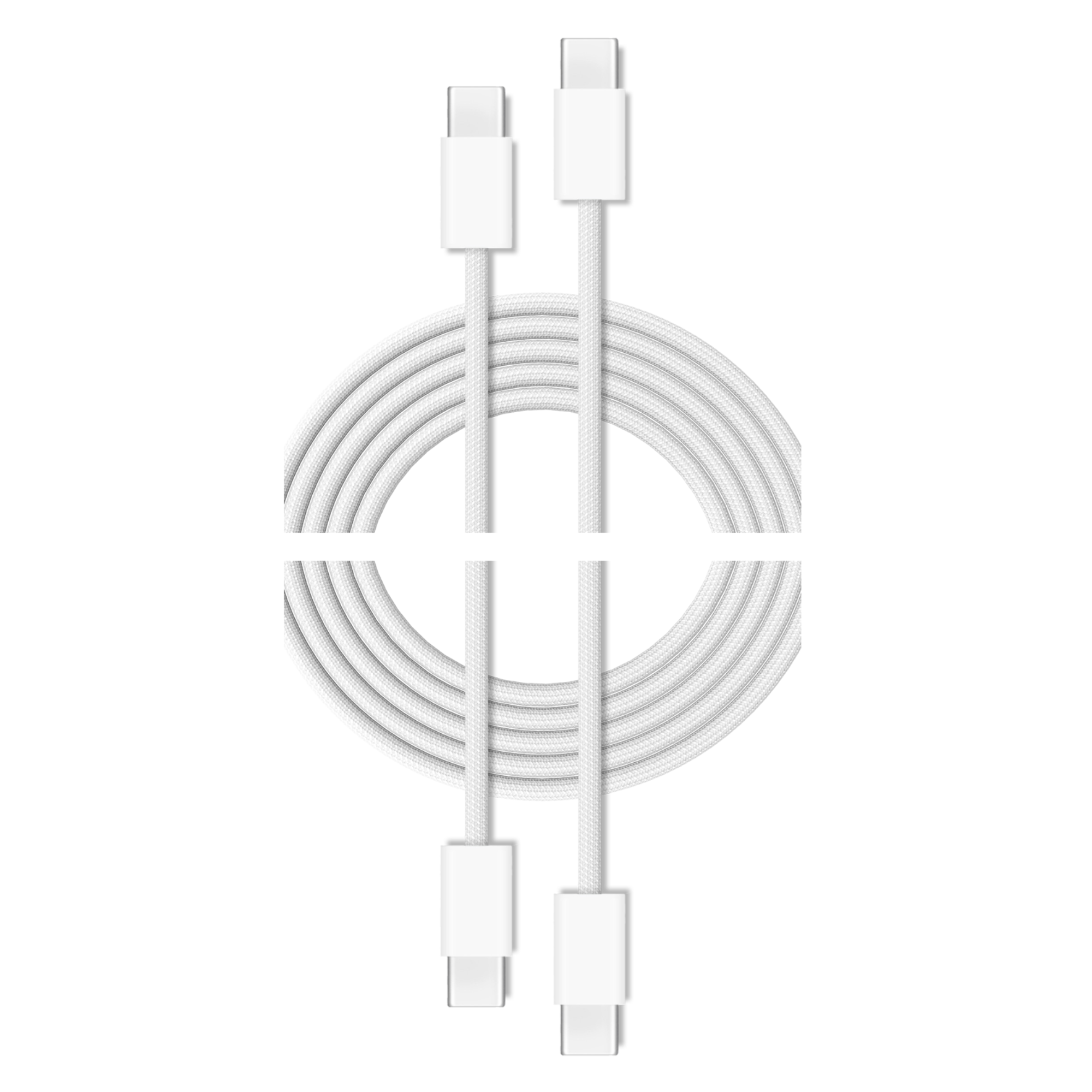 Cavi USB-C bianchi, arrotolati. Due cavi scendono, due salgono. Sfondo bianco.