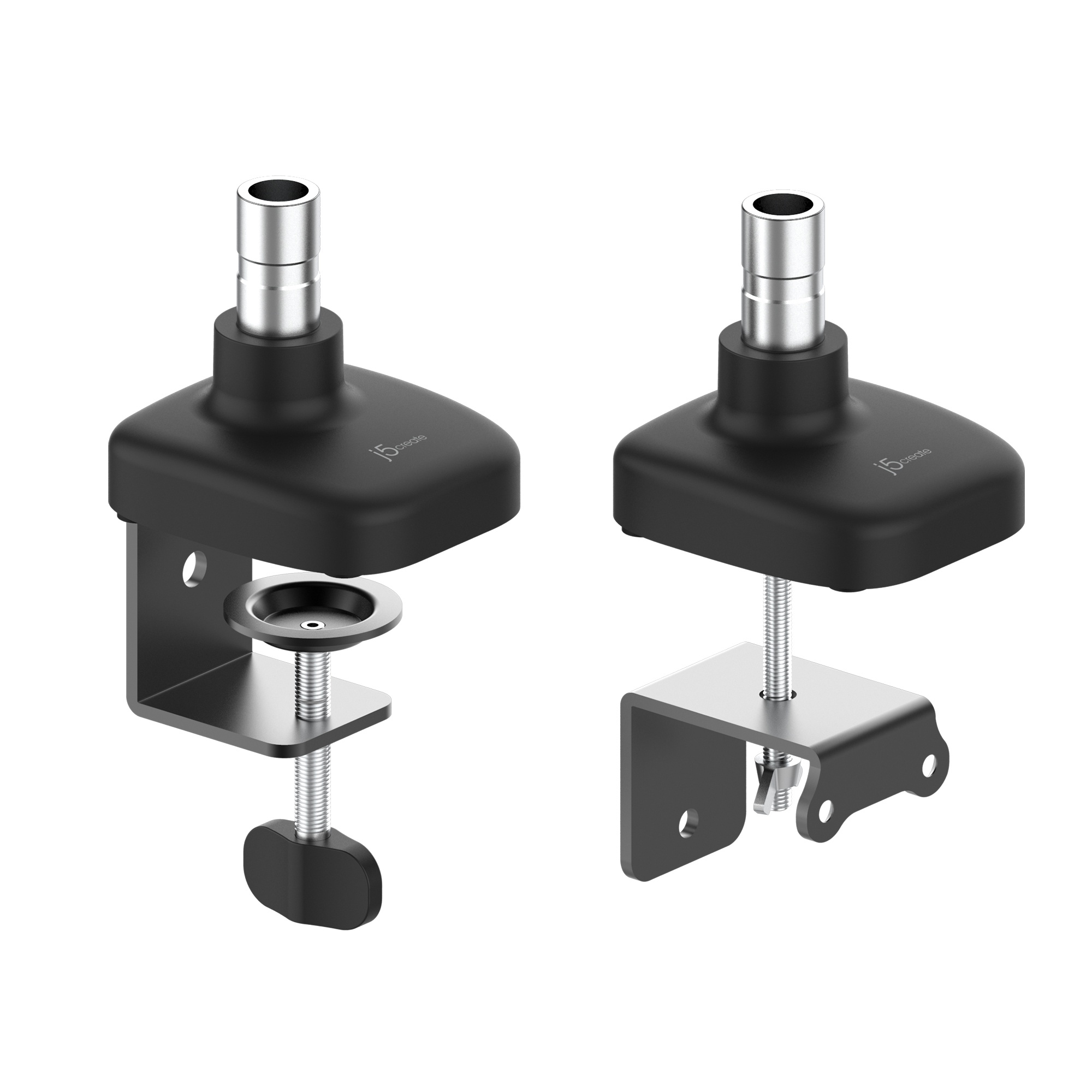 Deux pinces noires pour support de moniteur. L'une est fixée à un bureau, l'autre est démontée.
