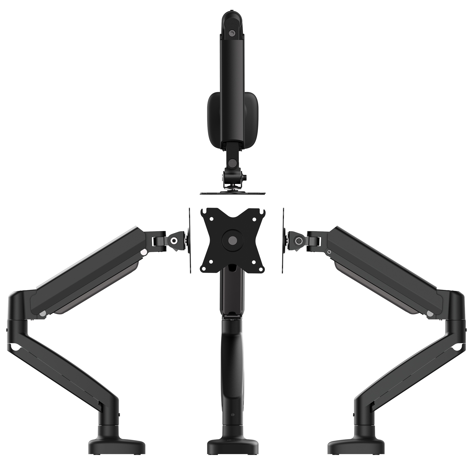 Bras de moniteur noirs, supportant un moniteur, sur fond blanc.