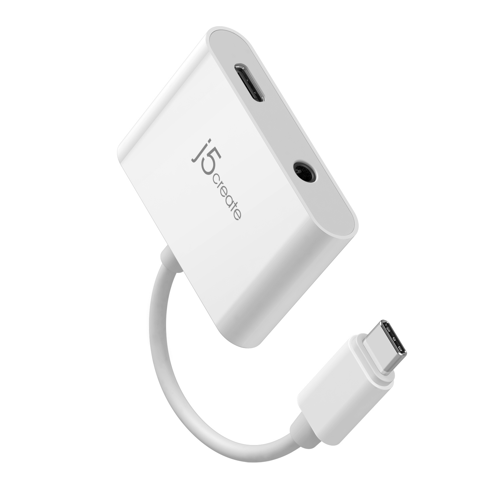 Un adaptador blanco con un conector USB-C, un conector de audio de 3,5 mm y un puerto USB. Está etiquetado j5create.