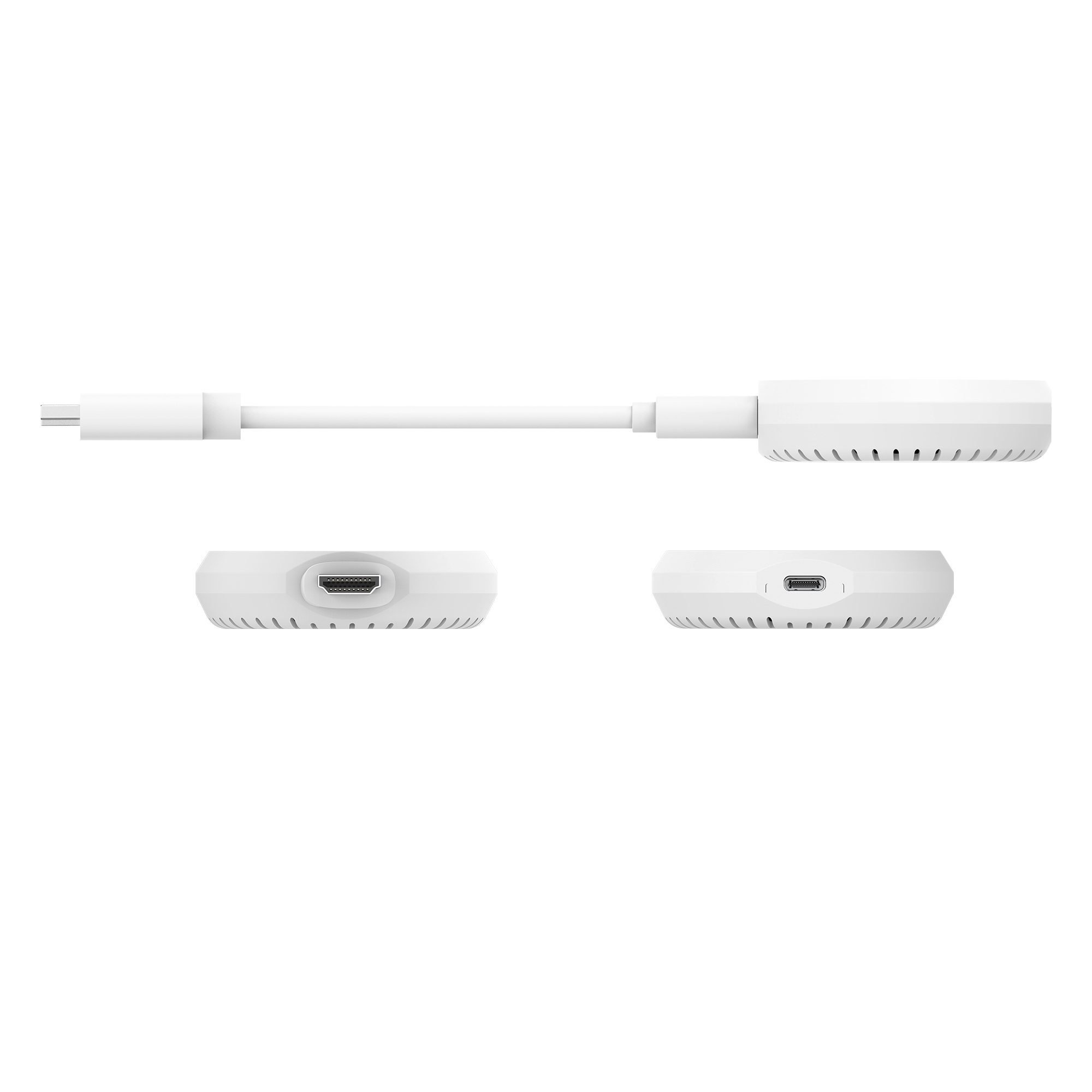 Weißer Adapter mit mehreren Ansichten, die einen Anschluss und einen USB-C-Anschluss zeigen. Weißer Hintergrund.
