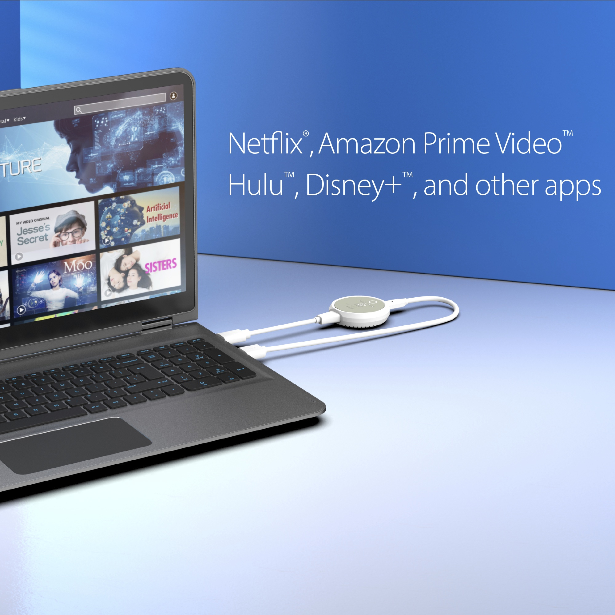 Laptop spielt Video ab. Text erwähnt Netflix, Amazon Prime Video, Hulu, Disney+ und andere Apps.
