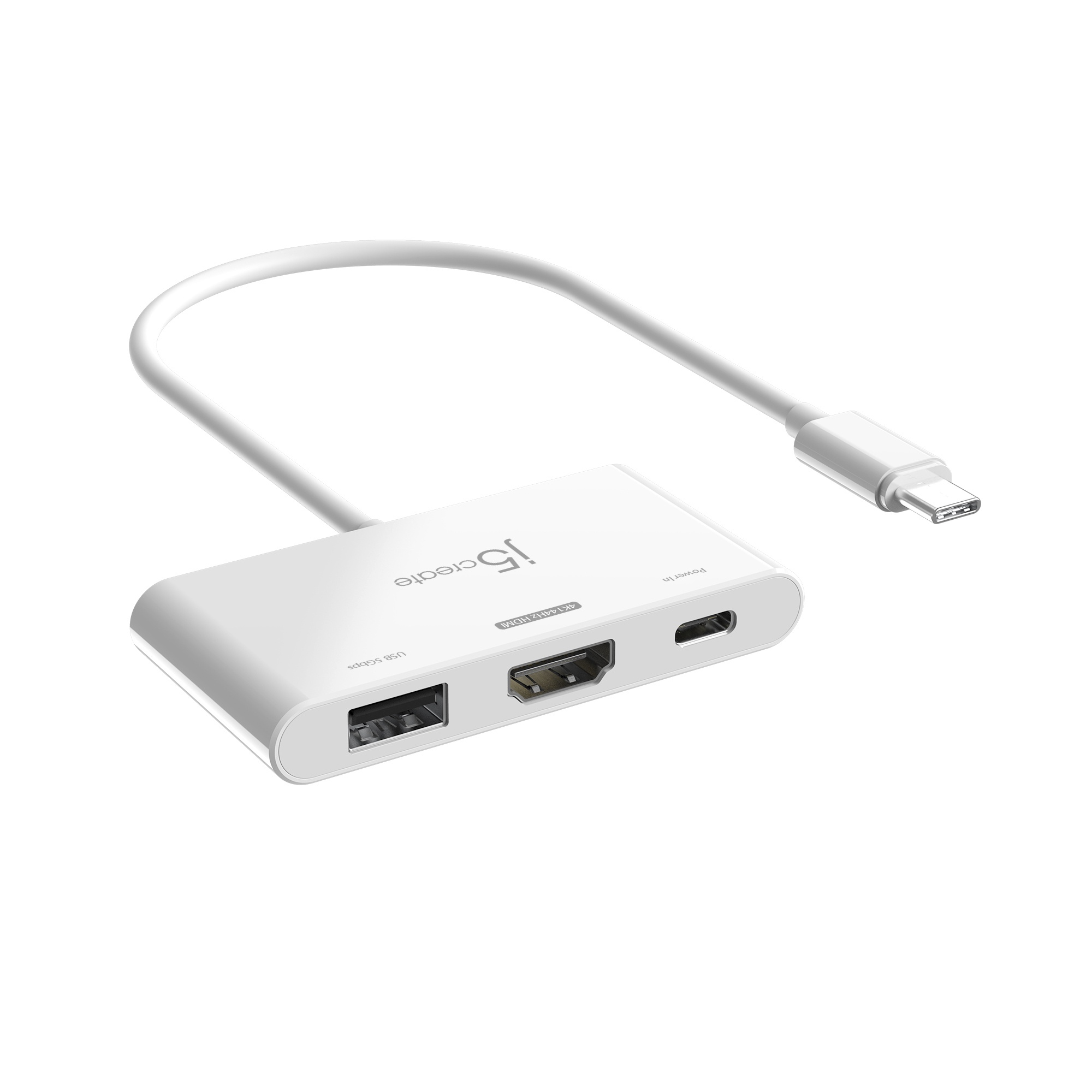 Weißer USB-C-Hub mit USB-, HDMI- und Stromanschlüssen. Weißes Kabel verbindet sich mit USB-C.