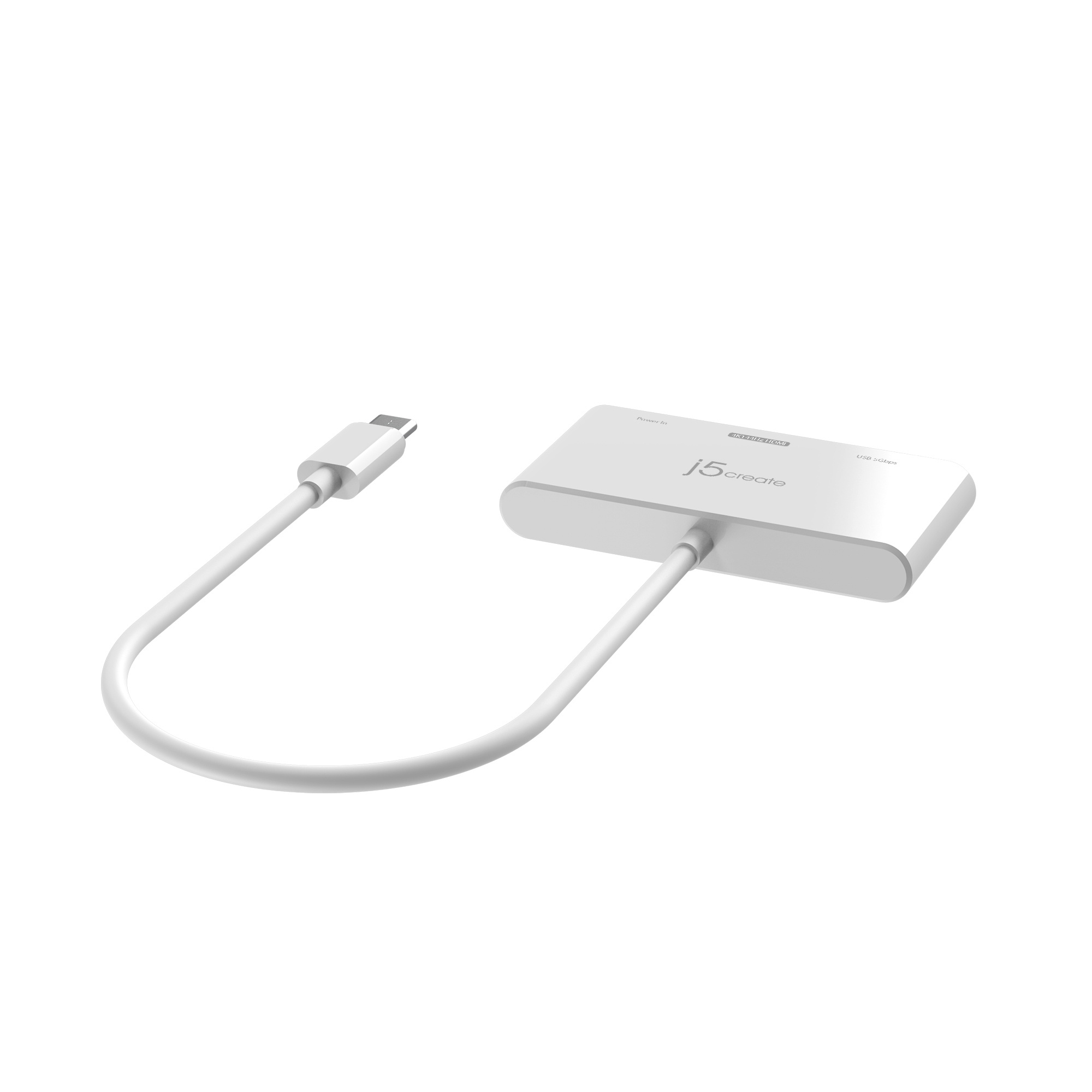 Ein weißer Adapter mit Kabel und USB-C-Anschluss, vor weißem Hintergrund.