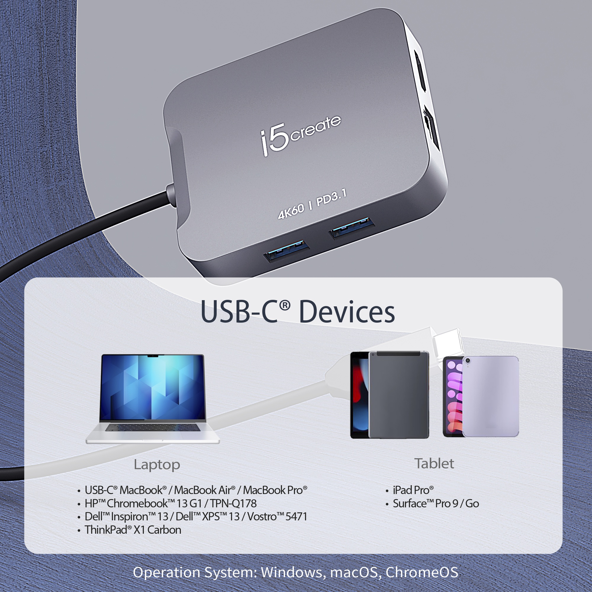 USB-C-Hub mit Laptop und Tablets. Hub hat USB-Anschlüsse. Hintergrund hellblau.