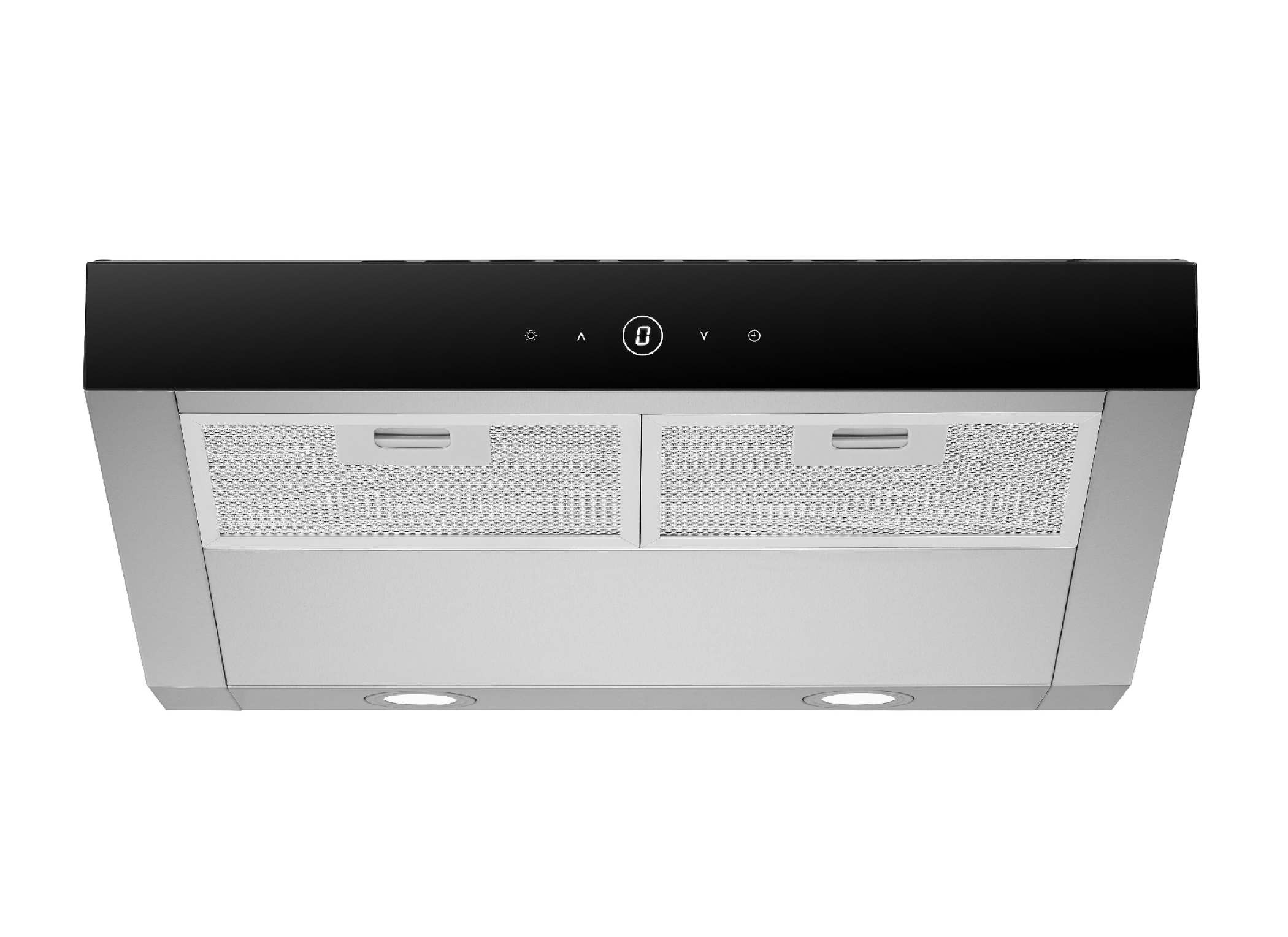 Underside view of a modern kitchen hood with lights and controls, silver and black.