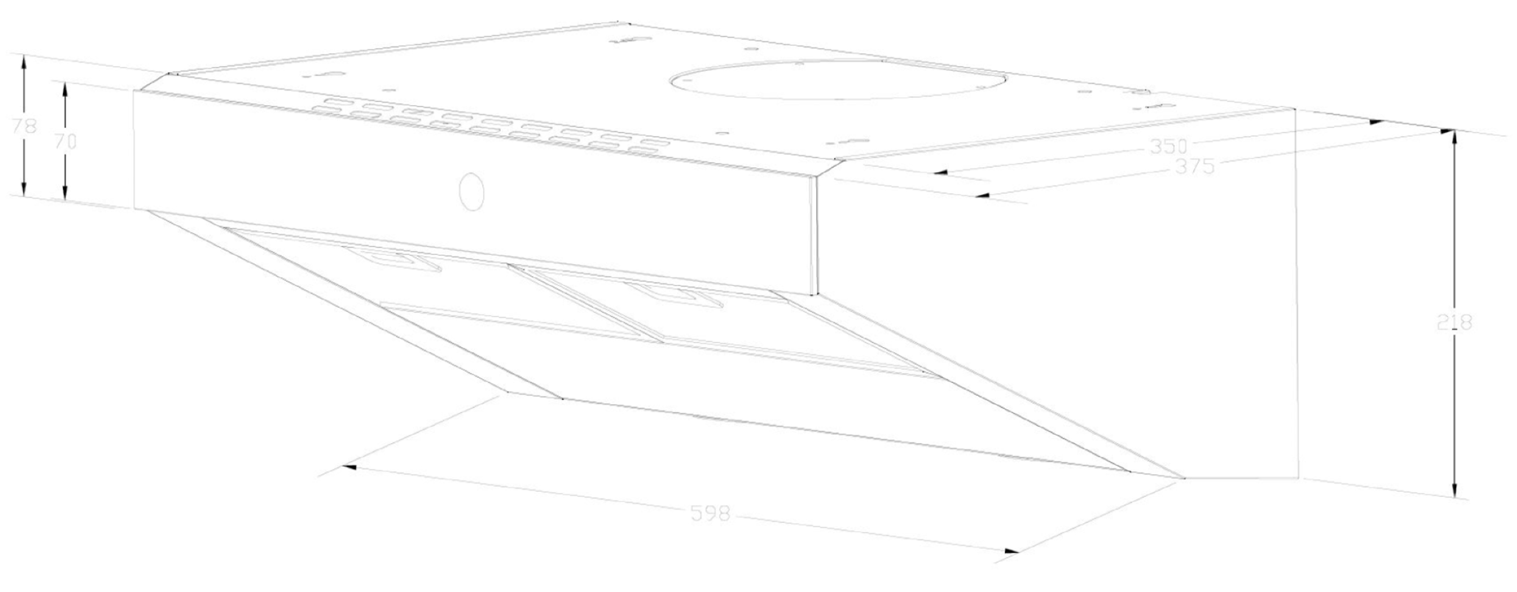 A diagram of a range hood, showing dimensions and a technical drawing style.