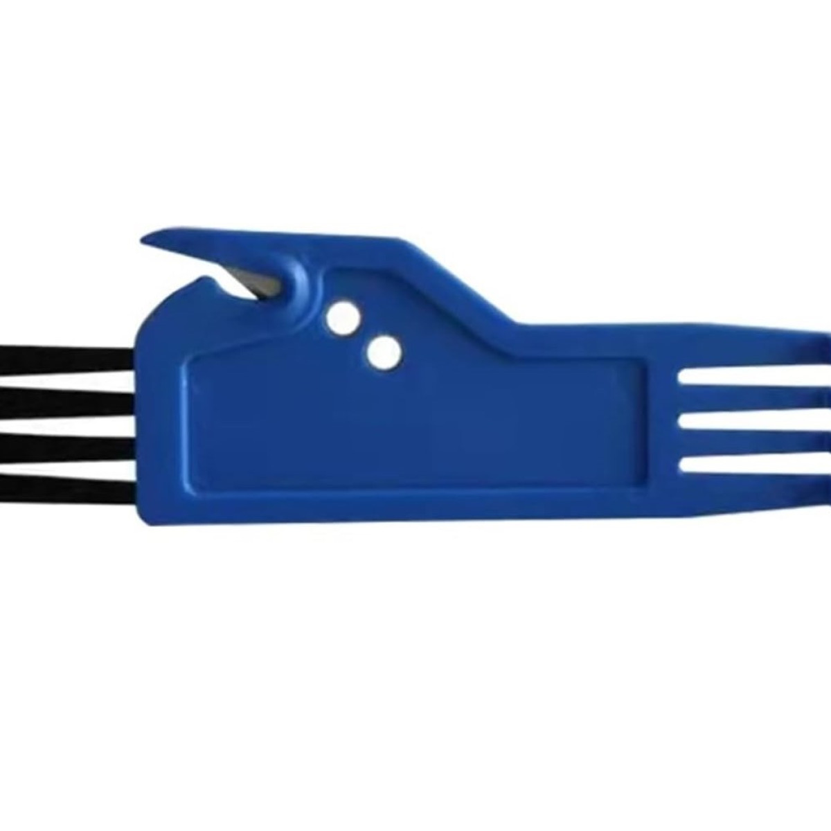 Niebieski plastikowy obcinak do kabli z czarnymi ostrzami. Białe tło.