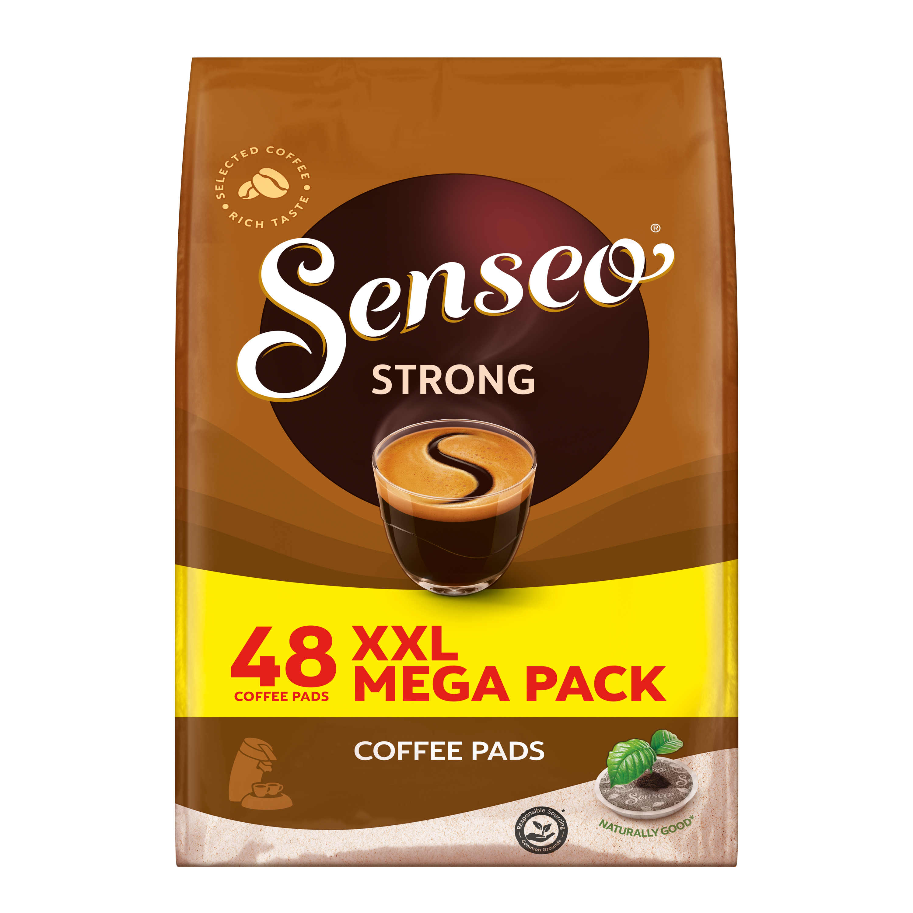 Eine Packung Kaffeepads mit dem Markennamen „Senseo“ und dem Text „48 XXL MEGA PACK“.