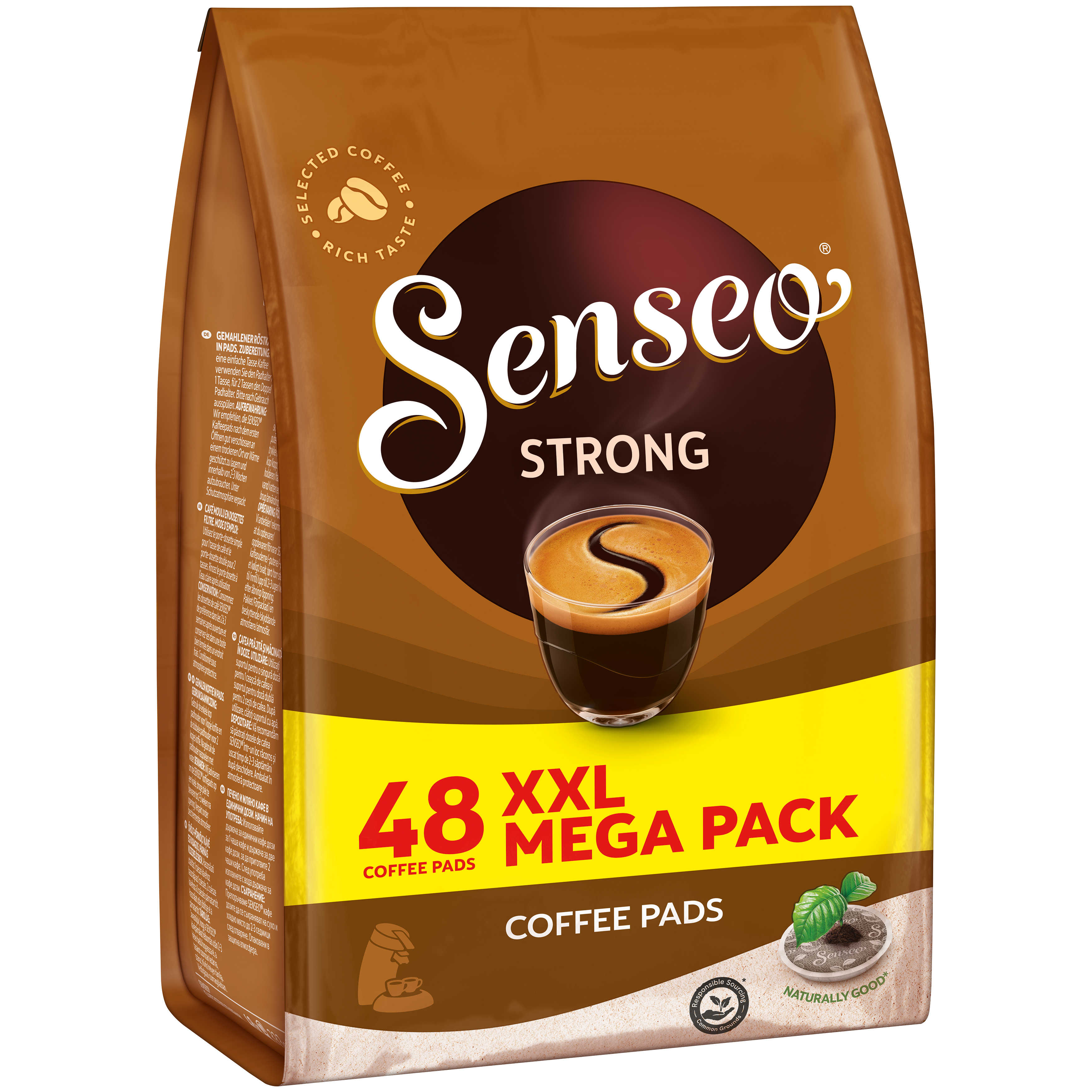 Eine Packung Kaffeepads mit einer Kaffeetassen-Illustration.