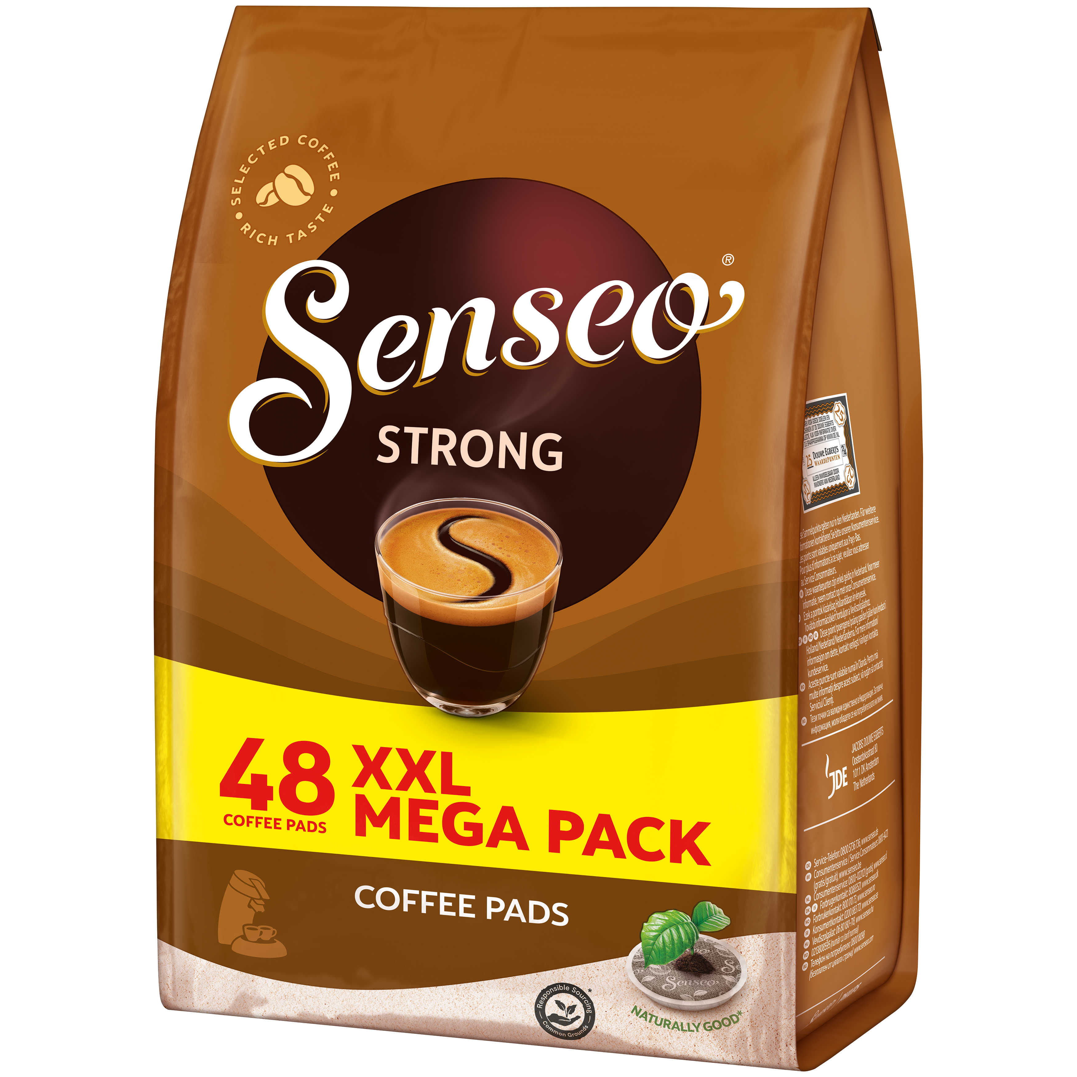Braune Kaffeepads-Packung mit der Marke 'Senseo'. Text: 48 XXL Mega Pack. Kaffeepads.