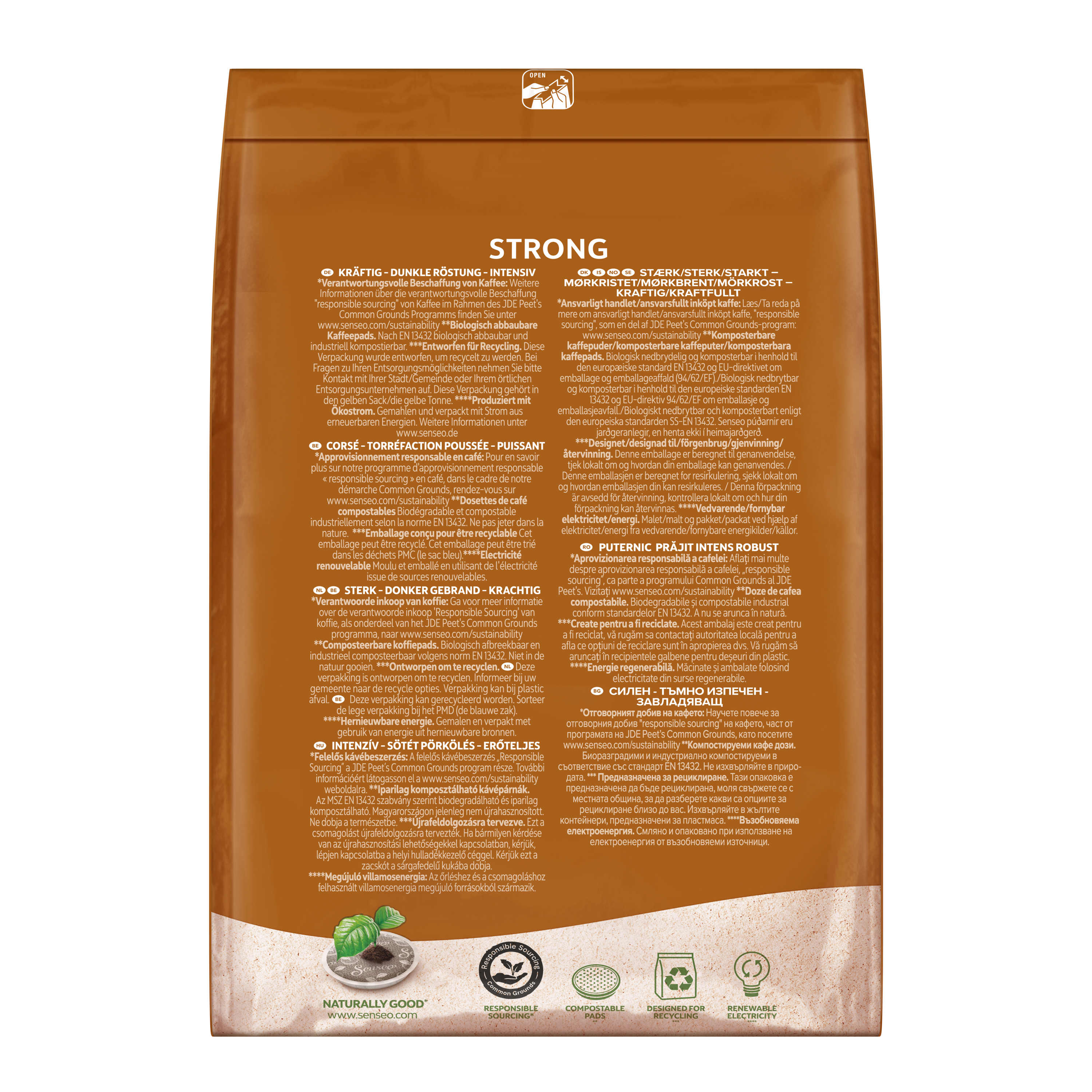 Braune Kaffeetüte mit Text in mehreren Sprachen, auf weißem Hintergrund.
