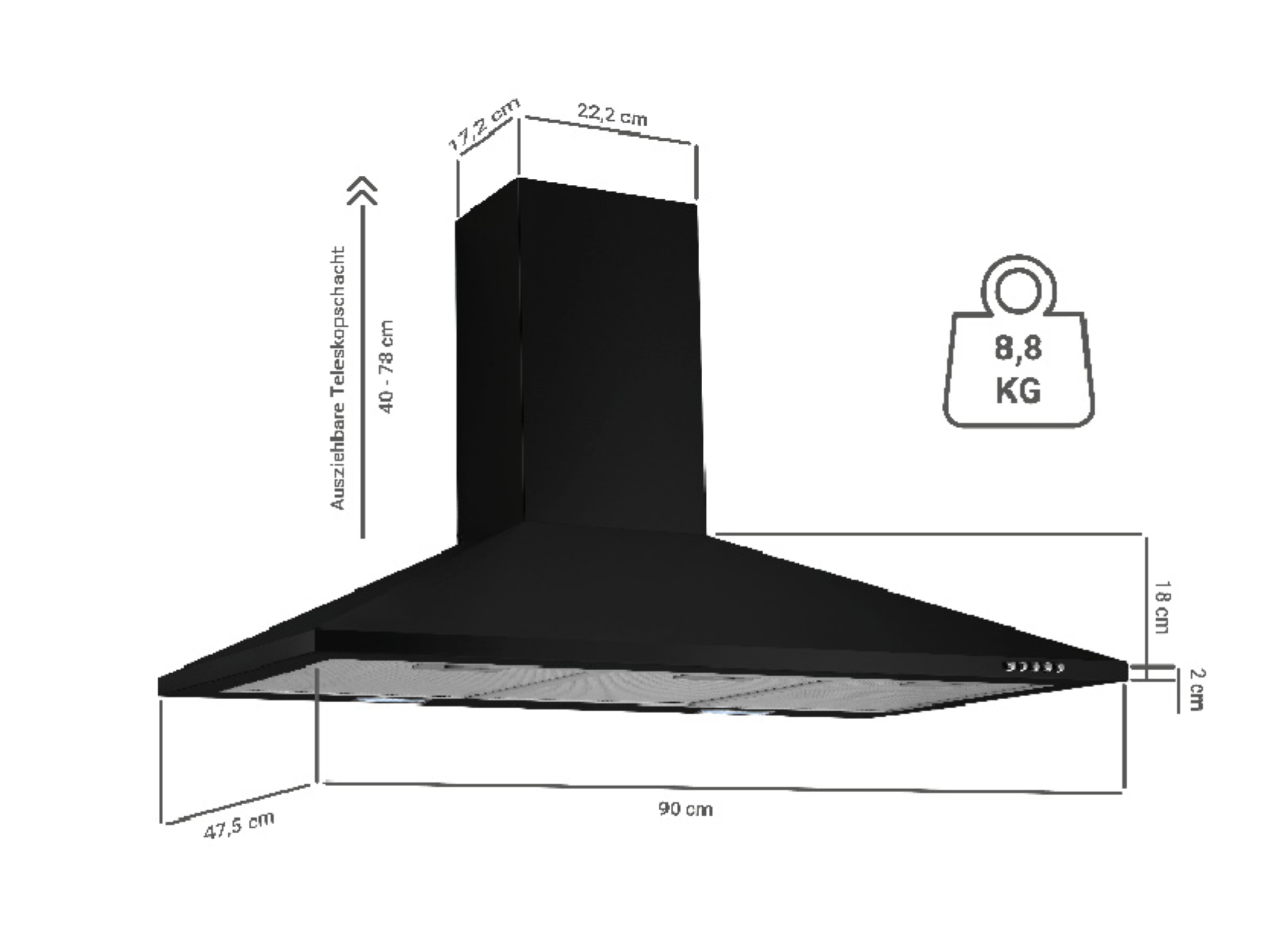 Zwart afzuigkapdiagram met afmetingen en gewicht.