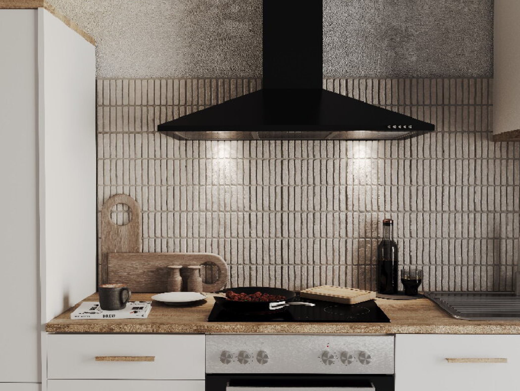 Keuken: zwarte afzuigkap, houten aanrecht, fornuis en keukengerei, met een achterwand van stenen tegels.