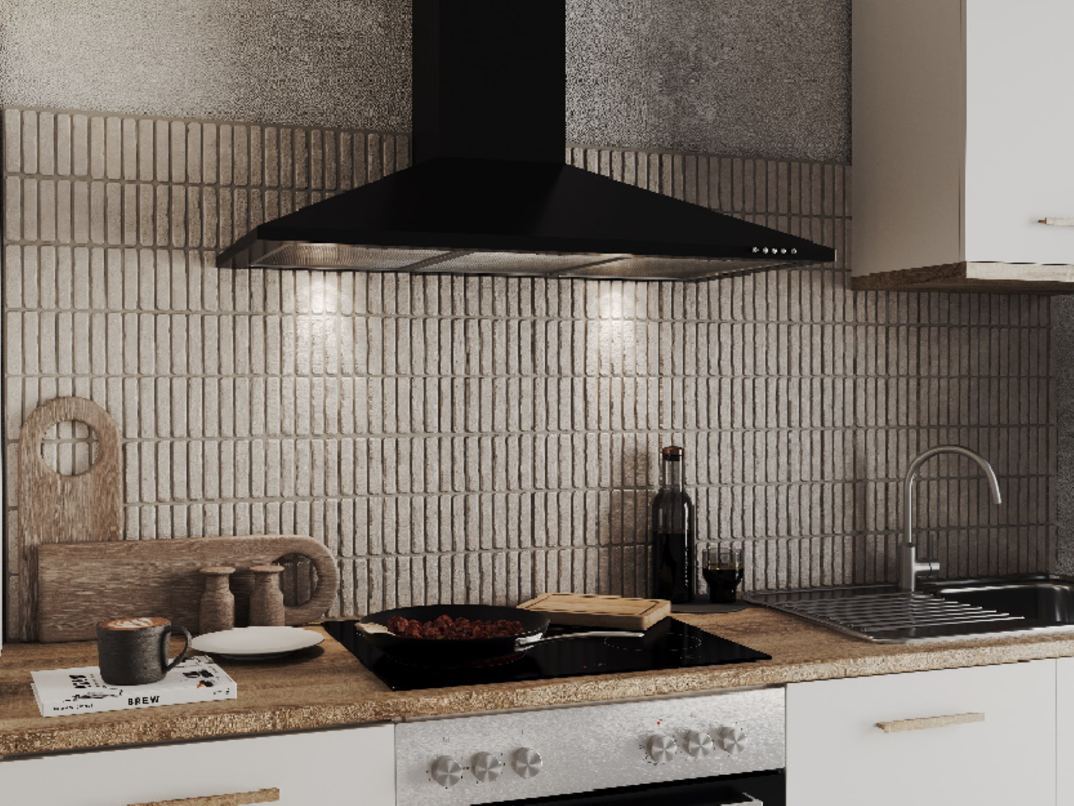Keuken met zwarte afzuigkap boven een fornuis en voedsel. Accessoires op aanrecht.