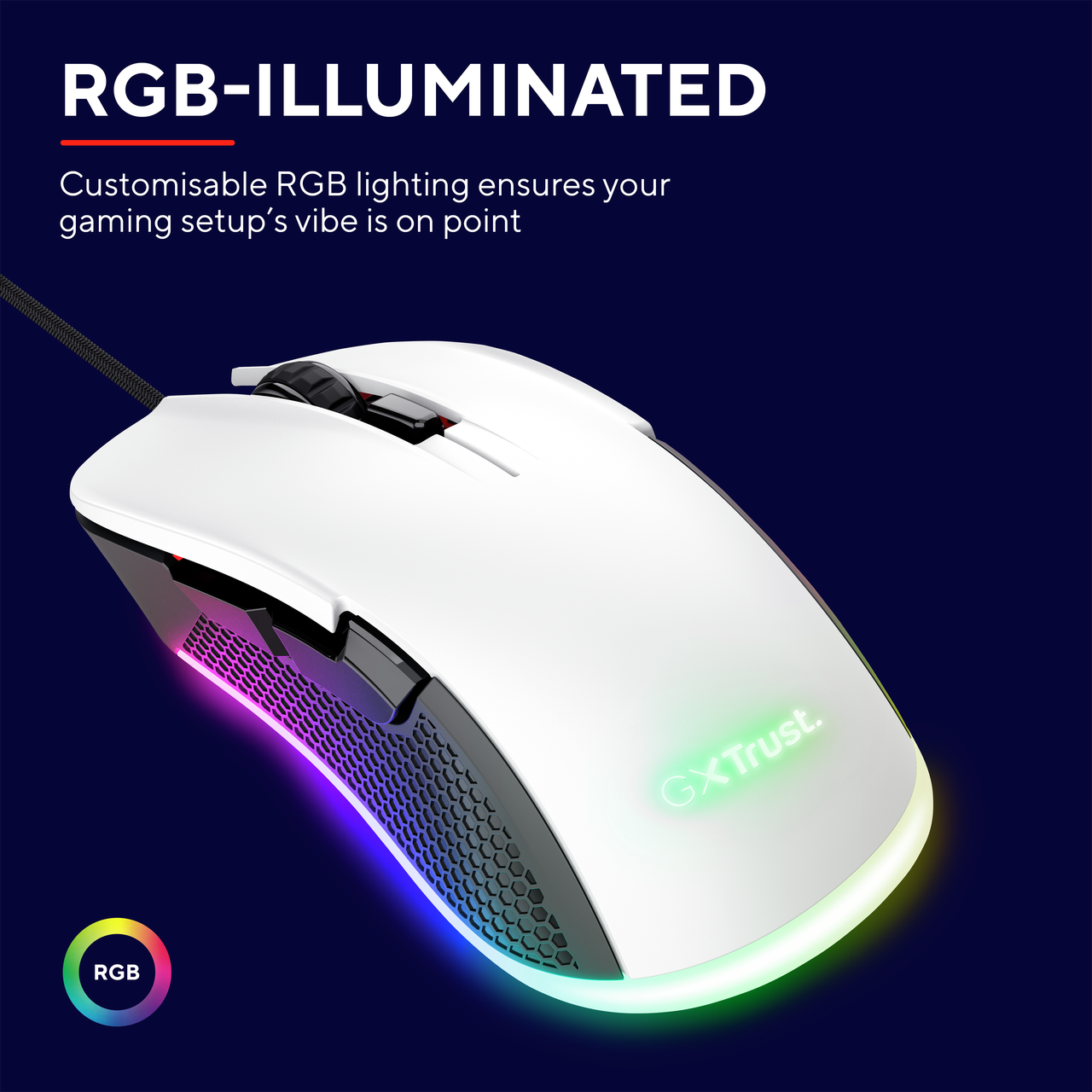 Biała mysz gamingowa z podświetleniem RGB, czarnymi akcentami i marką.
