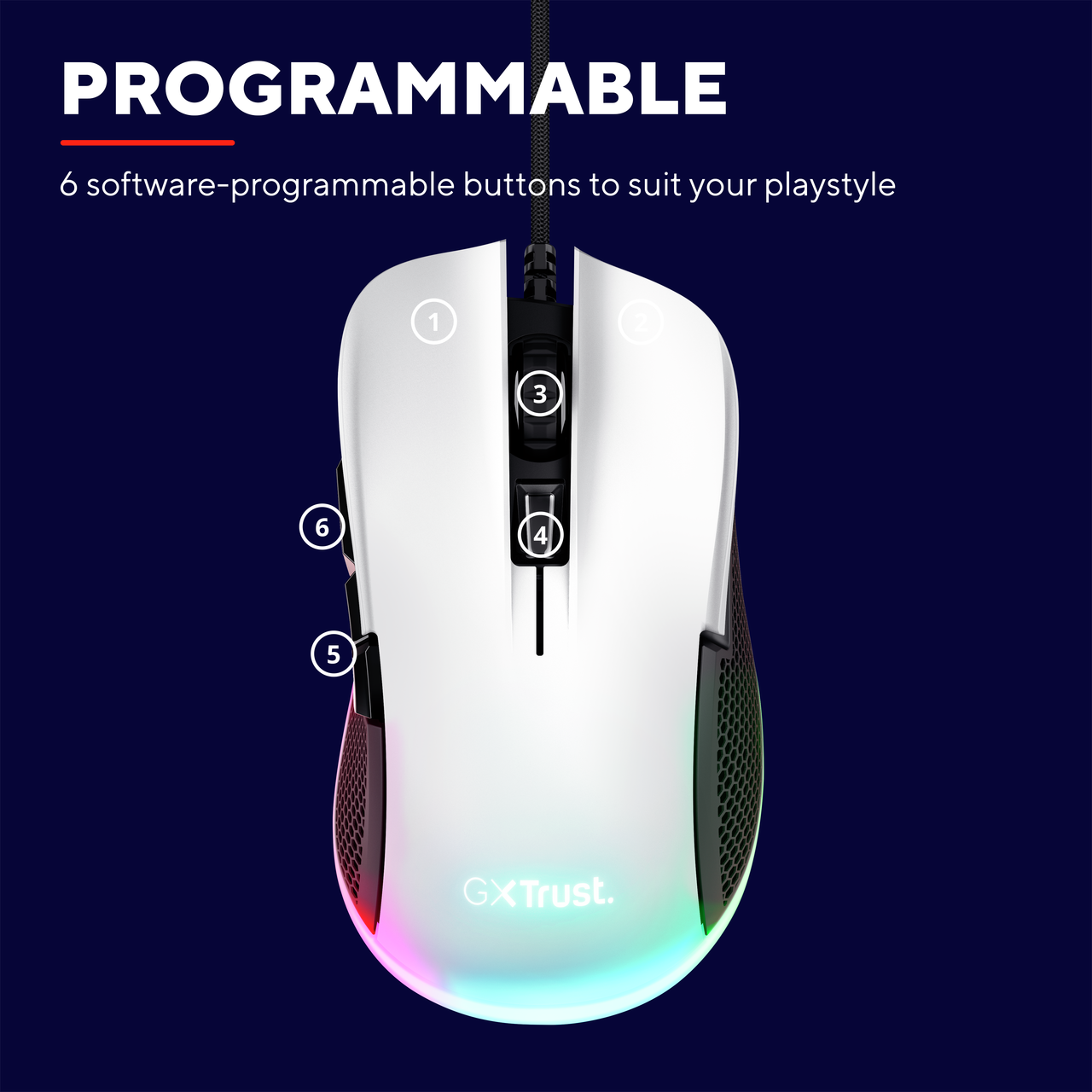 Biała mysz do gier z programowalnymi przyciskami i podświetleniem RGB. Ciemnoniebieskie tło.