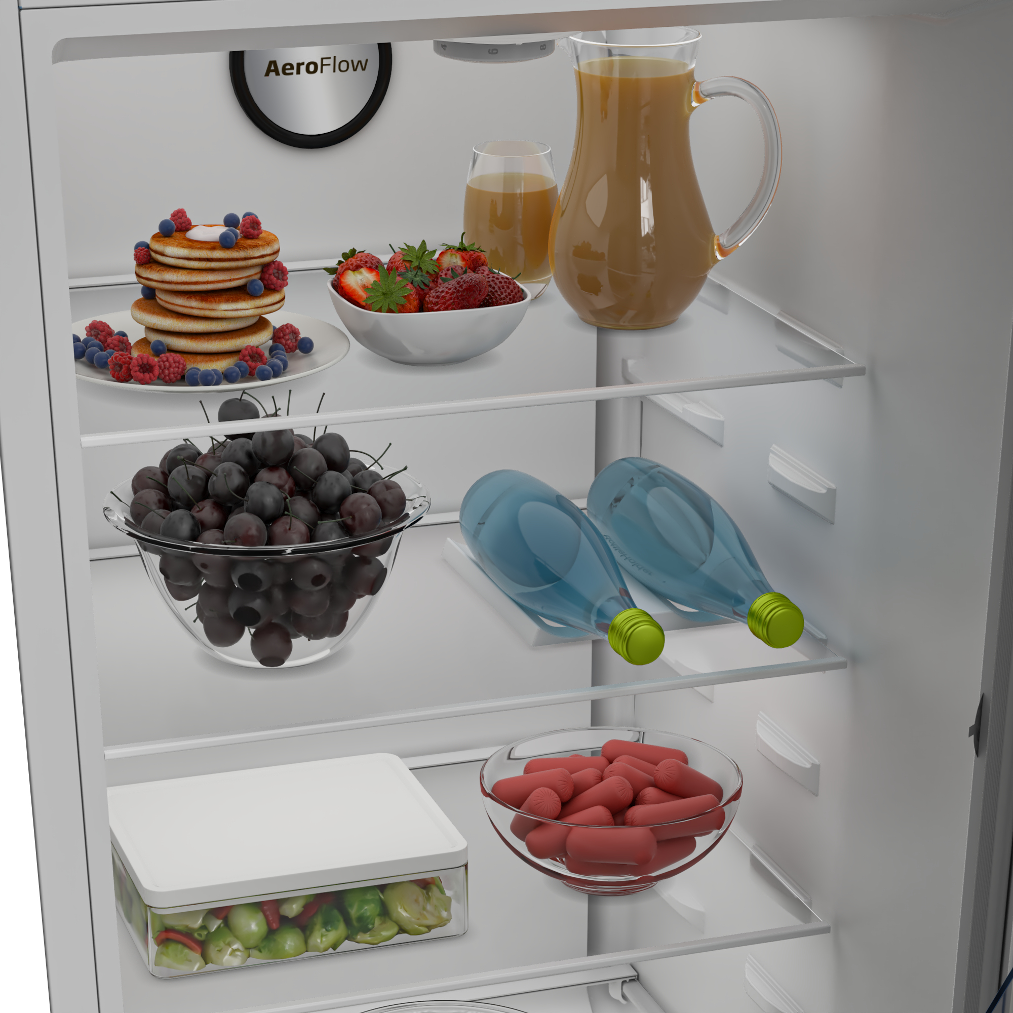 Interior de nevera con comida: panqueques, bayas, cerezas, botellas, jugo y coles de Bruselas.