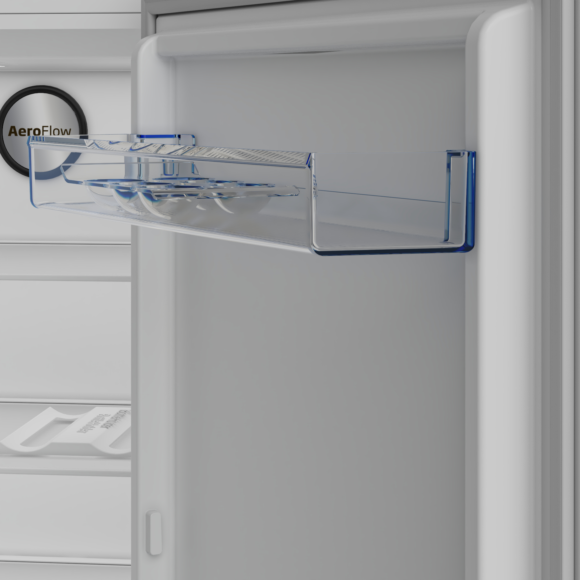 Dentro de un refrigerador, un estante transparente sostiene huevos. El logo AeroFlow es visible.