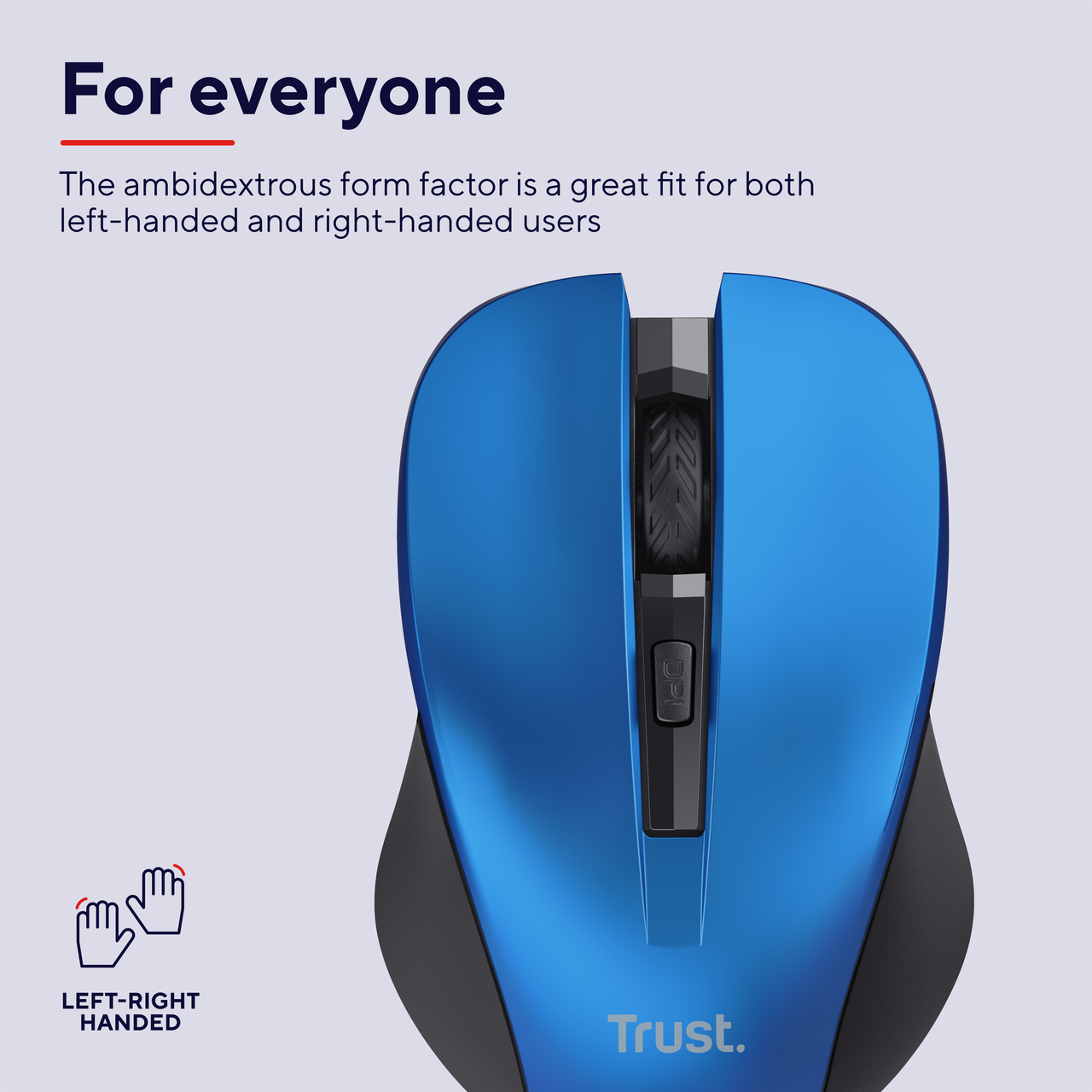 Niebieska mysz komputerowa z czarną sekcją. Tekst o jej oburęcznym designie jest obecny.