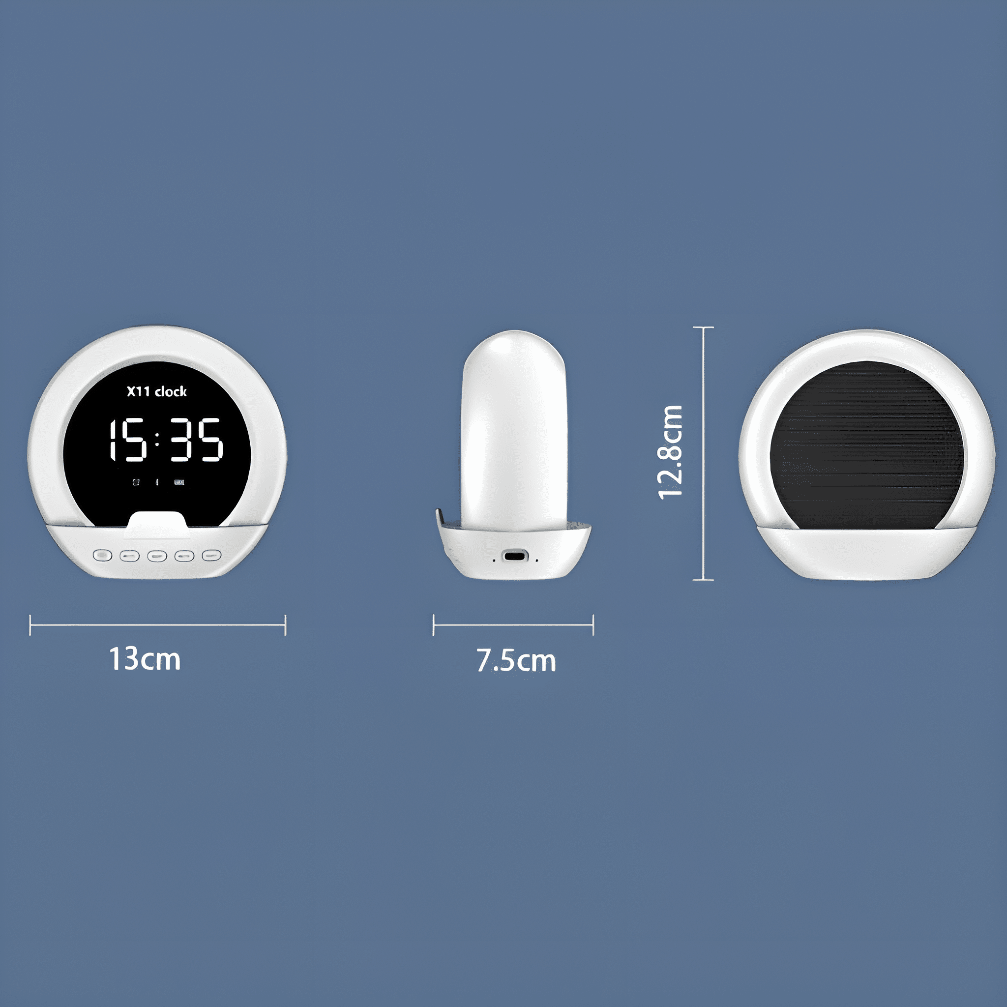 Weiße Uhr zeigt die Zeit 15:35. Sie hat ein schwarzes Display und Knöpfe. Abmessungen werden gezeigt.