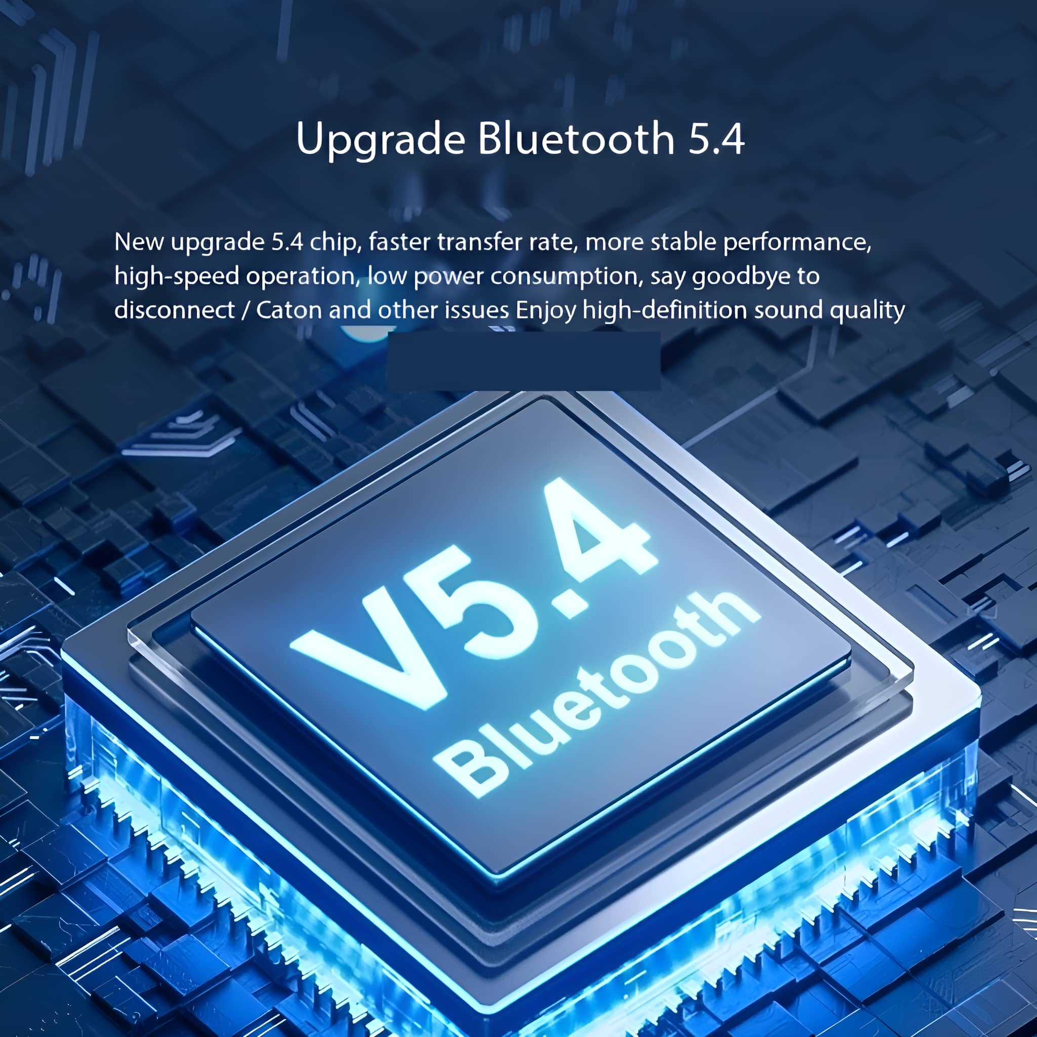 Nahaufnahme eines blauen elektronischen Chips mit dem Text „V5.4 Bluetooth“. Blauer Schaltkreis.