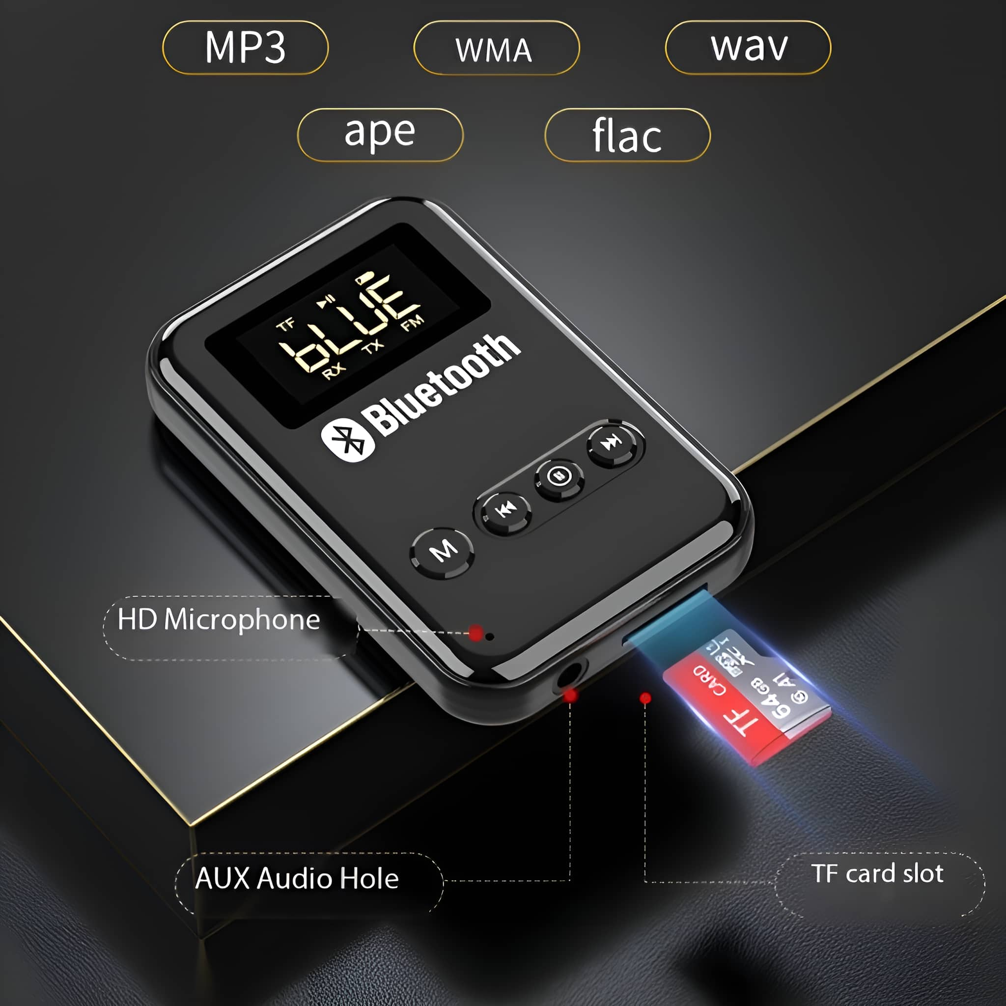Ein schwarzer Bluetooth MP3-Player mit SD-Kartensteckplatz. Unterstützt mehrere Medienformate.