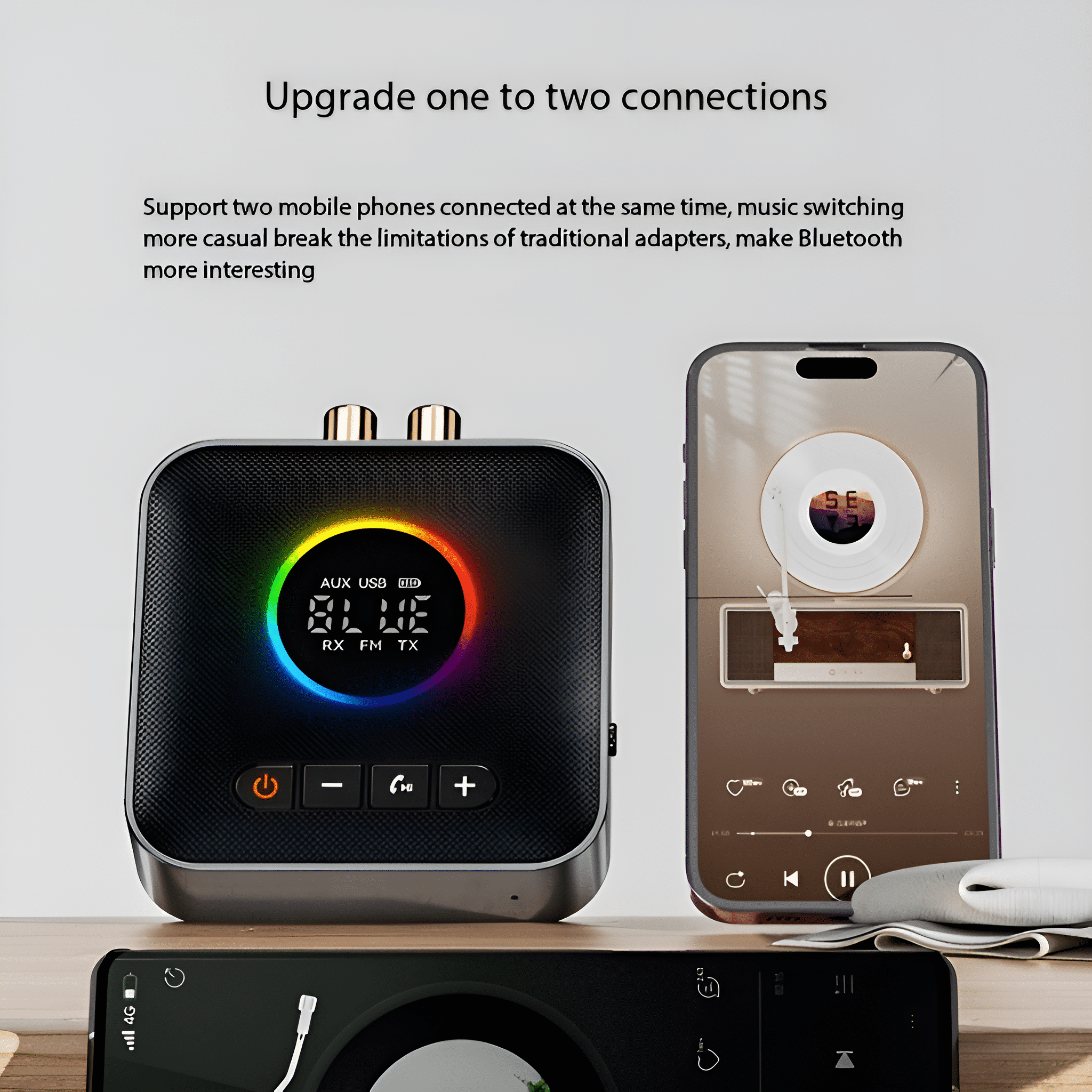 Ein schwarzes Gerät mit Bildschirm, ein Telefon mit Schallplatte und ein Telefon mit Musiksteuerung.