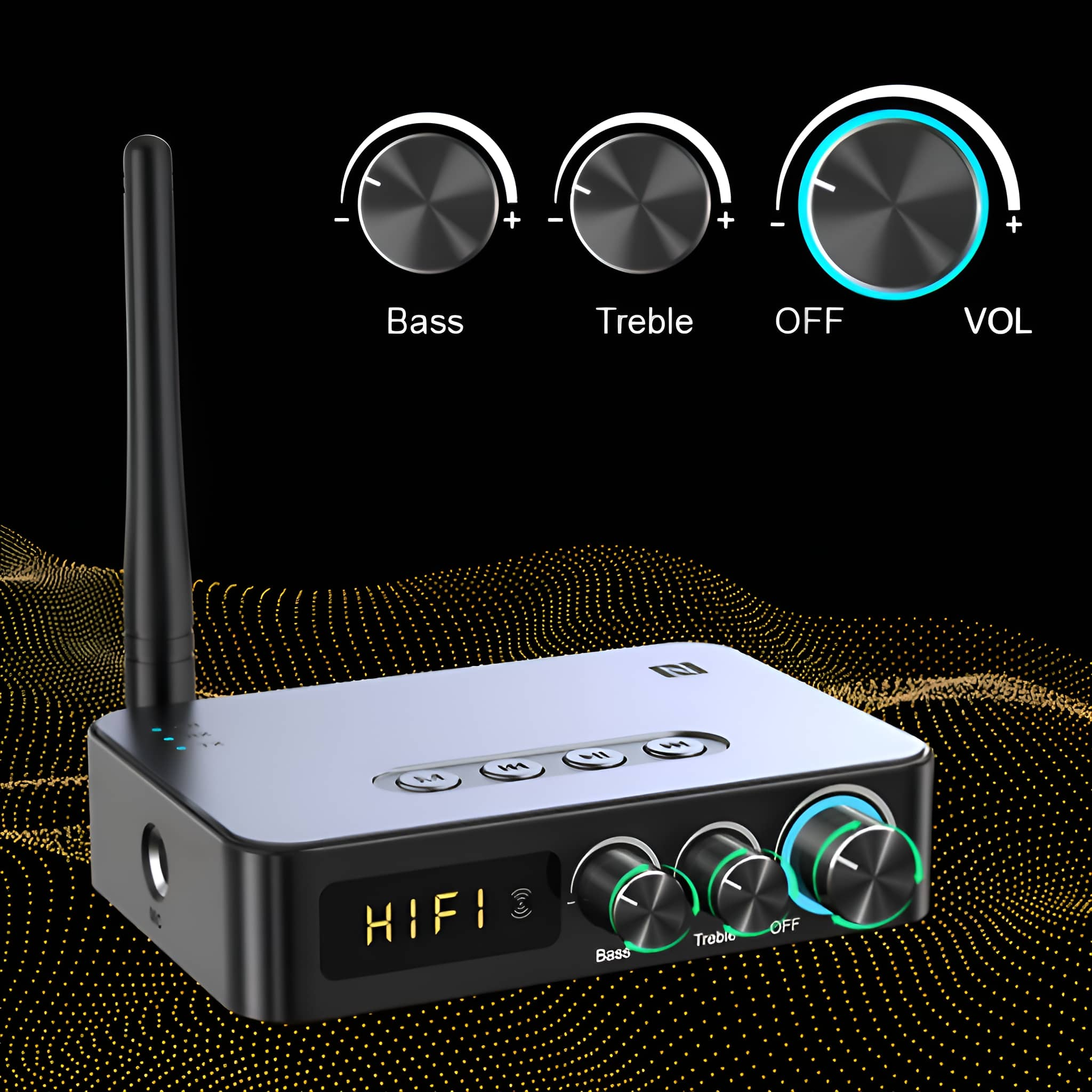 Schwarzes HiFi-Audiogerät mit Bass-, Höhen- und Lautstärkereglern und einer Antenne.