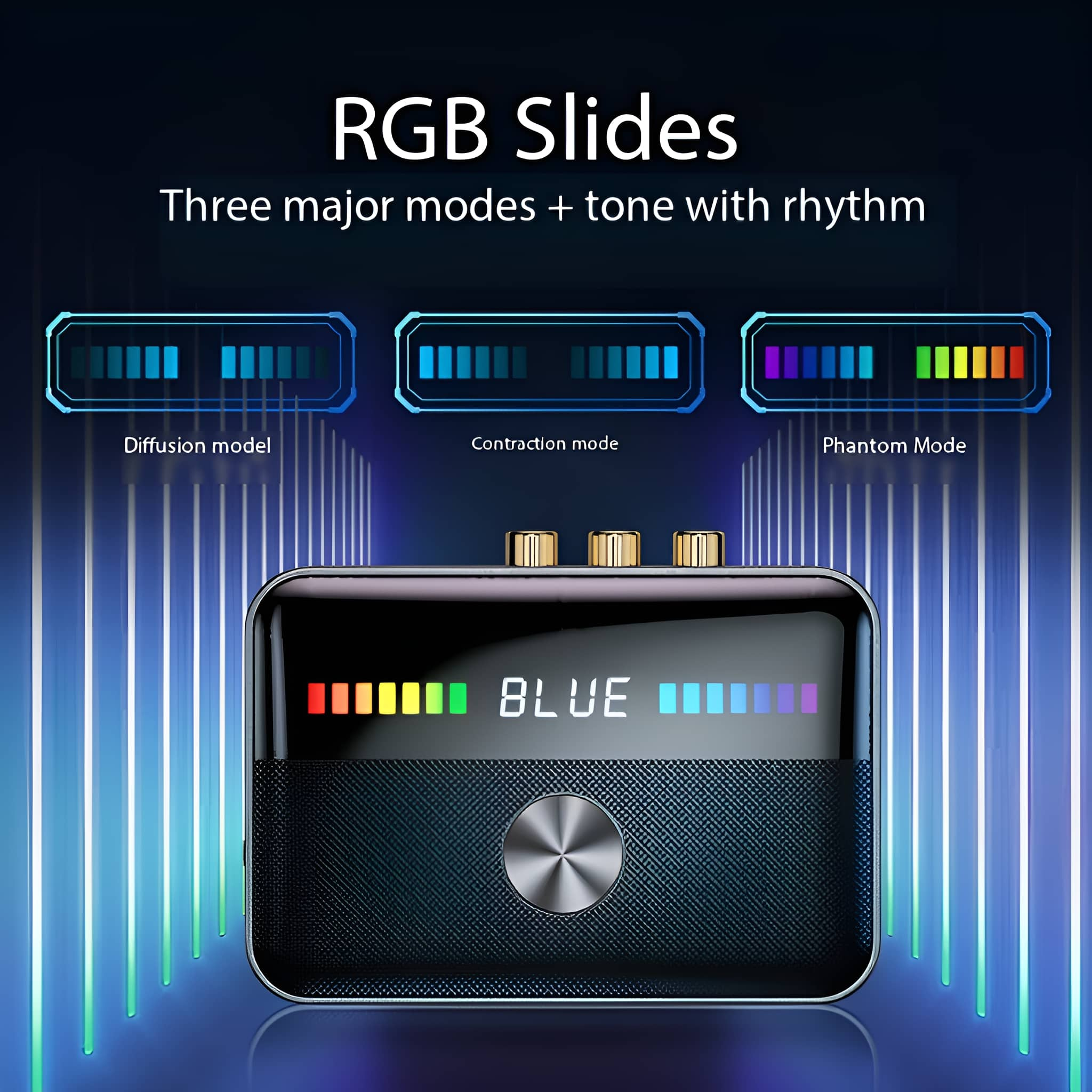 Ein schwarzes Gerät mit bunten Lichtern und drei Modi. Text: RGB Slides. Drei Hauptmodi.