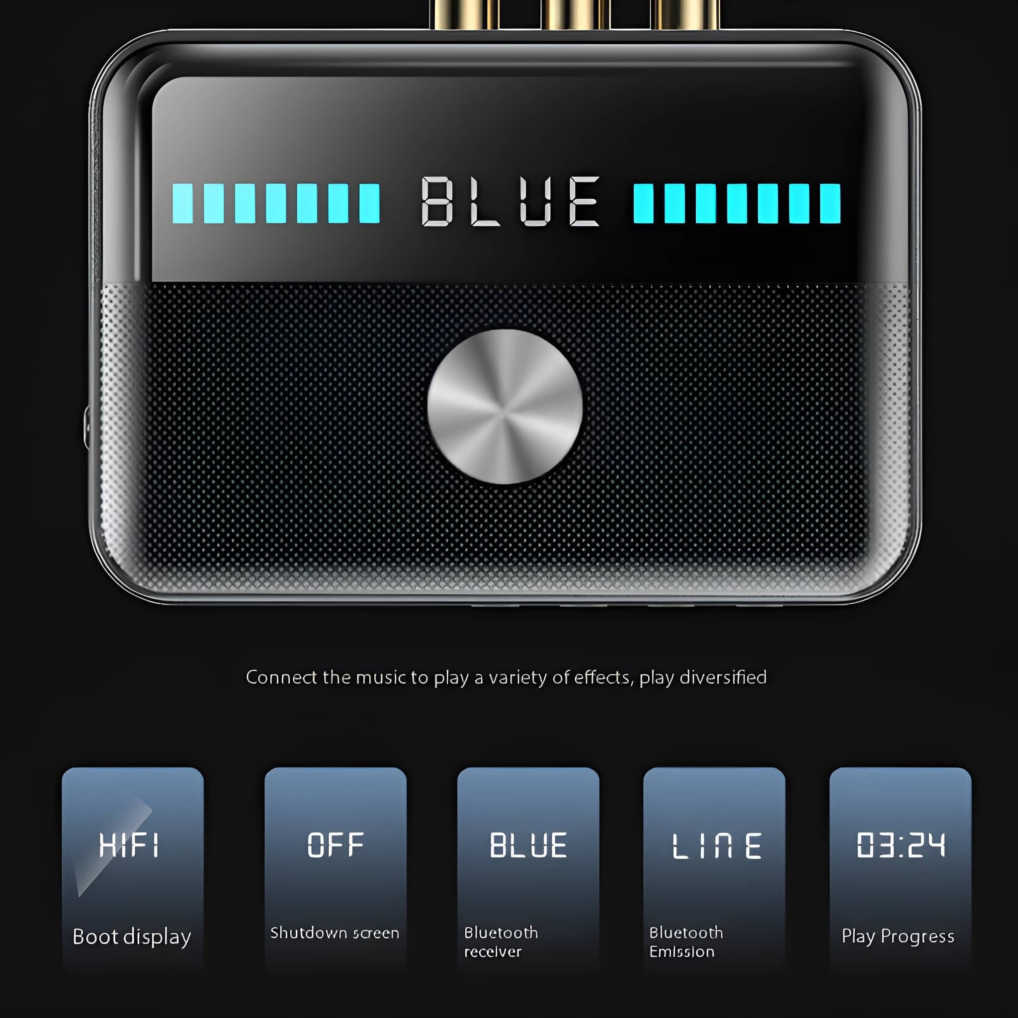 Schwarzer Bluetooth-Empfänger mit 'BLUE'-Anzeige. Unten: HiFi, OFF, BLUE, LINE, und 03:24 Icons.