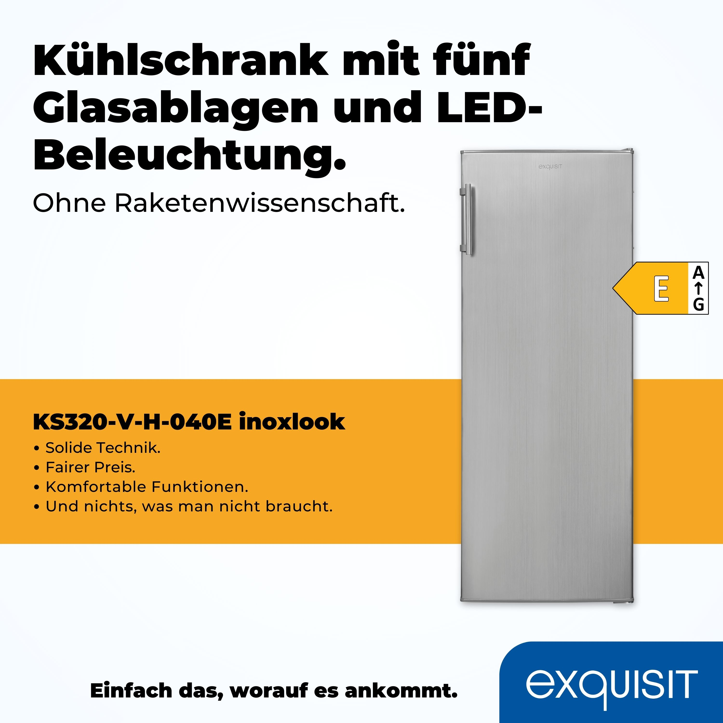 Silberner Kühlschrank mit fünf Glasablagen, mit Text.