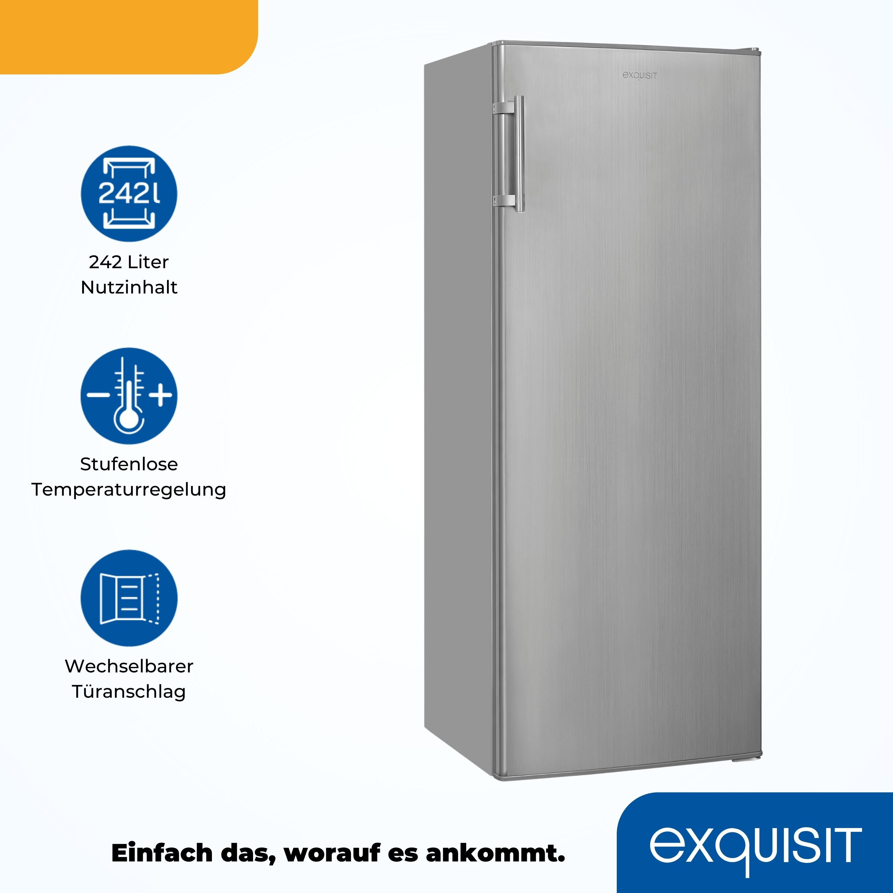 Silberner Exquisit Kühlschrank mit Symbolen für Volumen, Temperatur und Türanschlag.