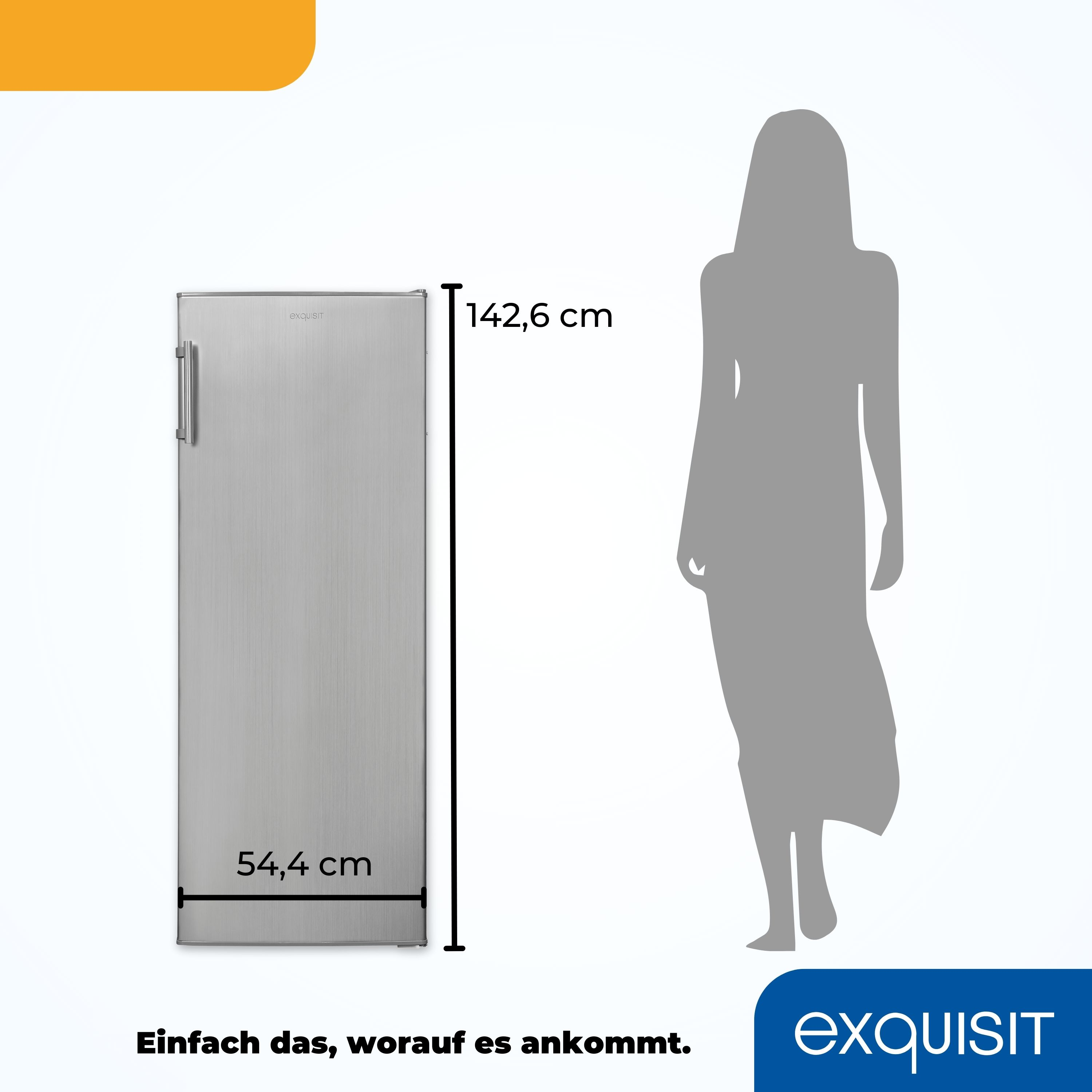 Ein hoher silberner Kühlschrank steht neben einer Personensilhouette. Abmessungen: 142,6 cm x 54,4 cm.