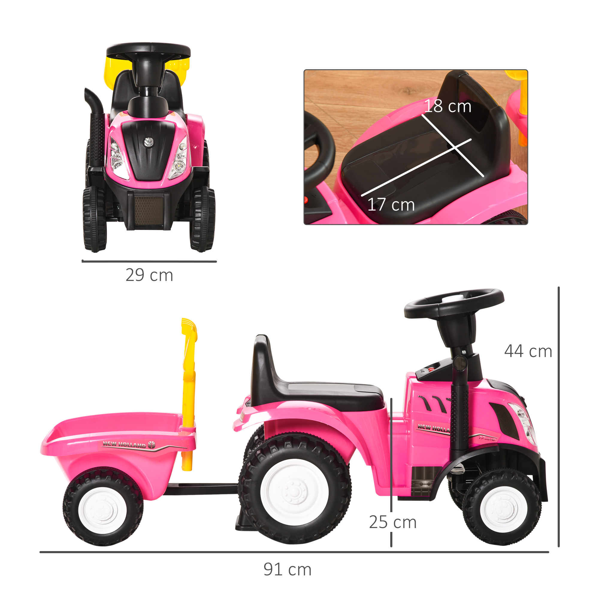 Un tractor de juguete rosa con remolque, e indicaciones de dimensiones.